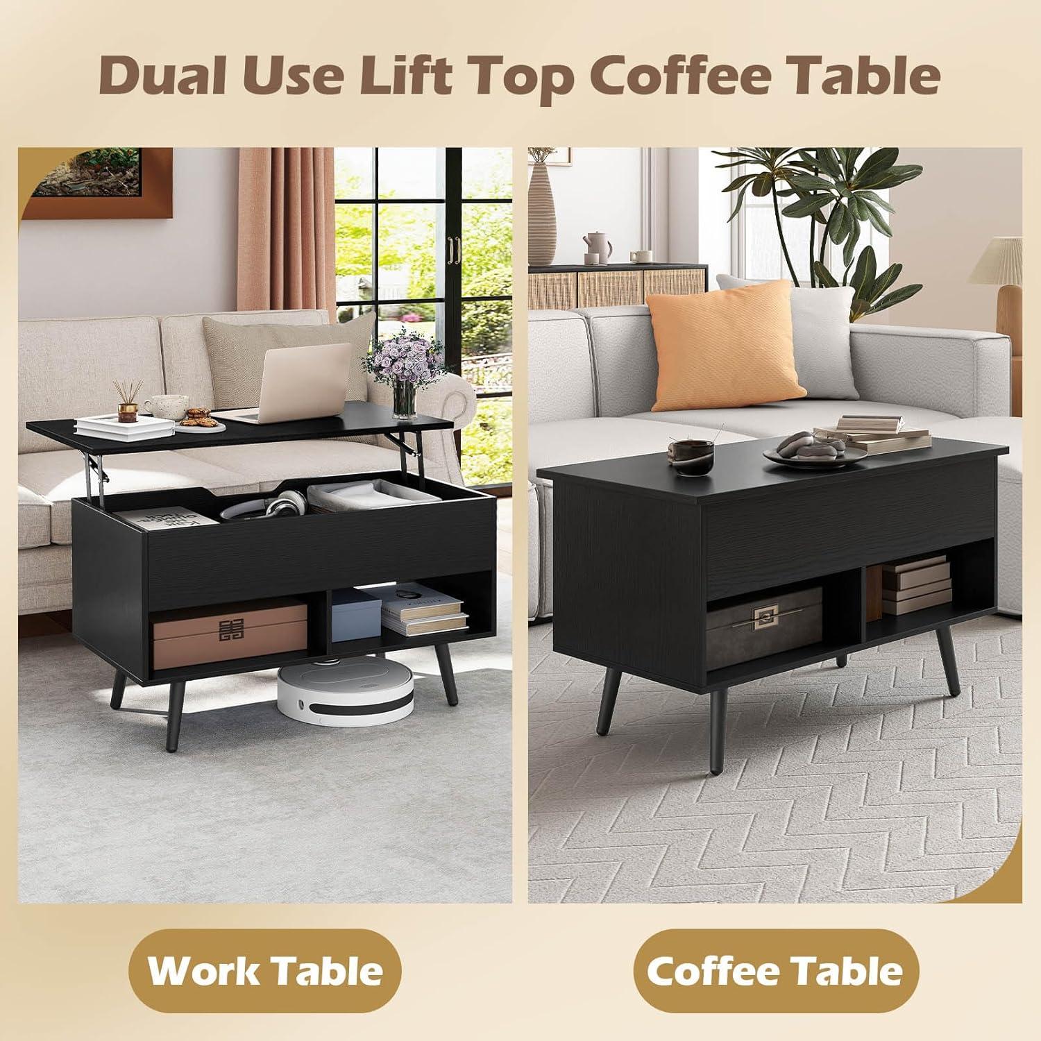 image:imageGiantex Lift Top Coffee Table Modern Cocktail Table wHidden Compartment amp 2 Open Shelves Flip Top Center Table Wooden Pull up Coffee Table for Living Room Reception Room Office BlackBlack