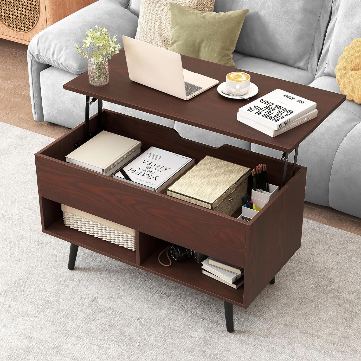 image:imageGiantex Lift Top Coffee Table Modern Cocktail Table wHidden Compartment amp 2 Open Shelves Flip Top Center Table Wooden Pull up Coffee Table for Living Room Reception Room Office BlackWalnut
