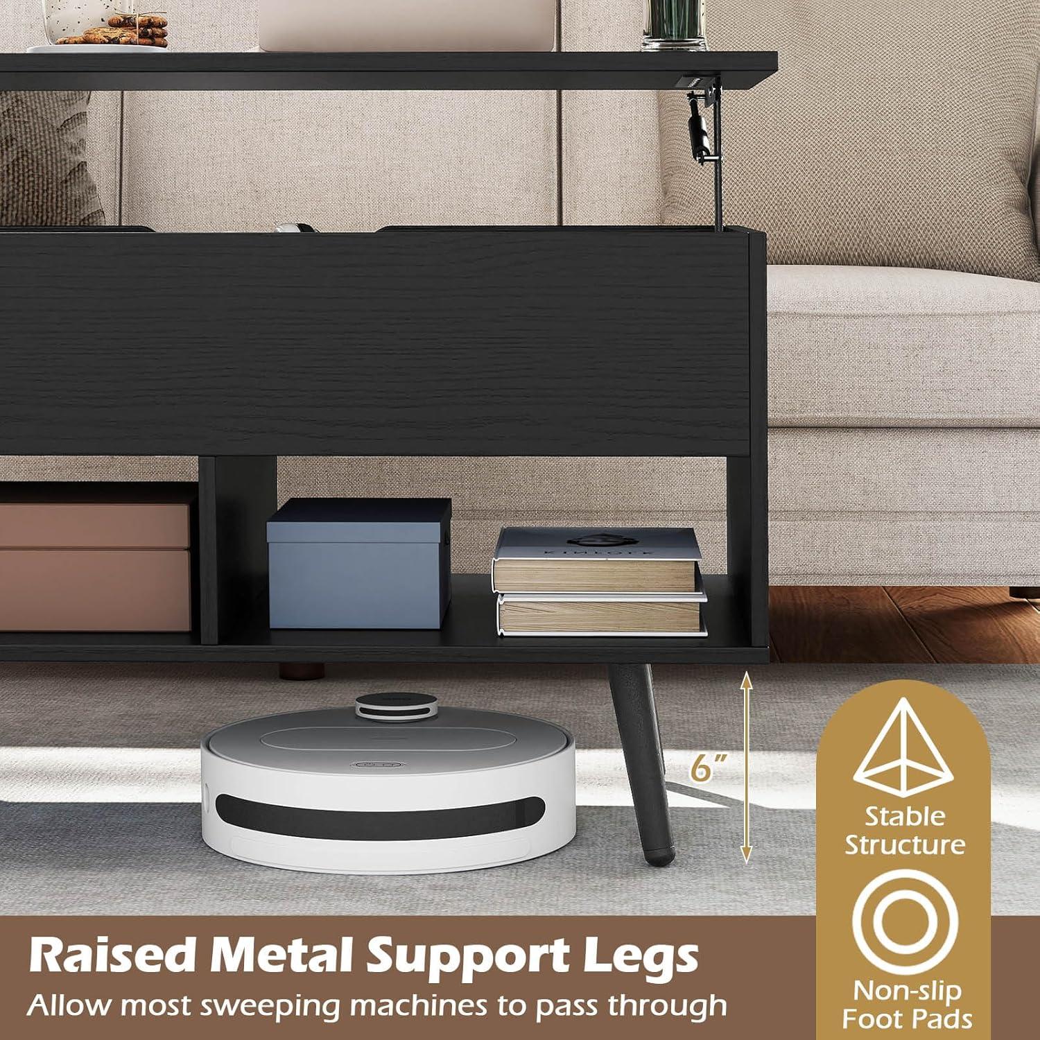 image:imageGiantex Lift Top Coffee Table Modern Cocktail Table wHidden Compartment amp 2 Open Shelves Flip Top Center Table Wooden Pull up Coffee Table for Living Room Reception Room Office BlackBlack