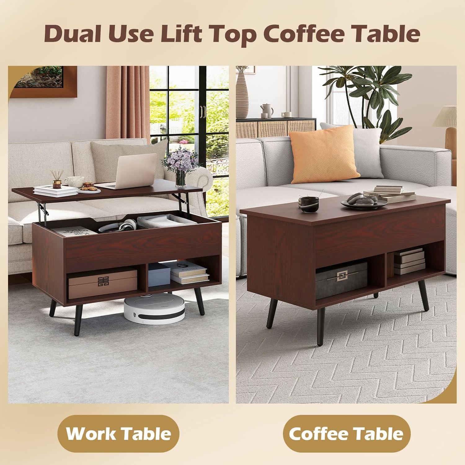 image:imageGiantex Lift Top Coffee Table Modern Cocktail Table wHidden Compartment amp 2 Open Shelves Flip Top Center Table Wooden Pull up Coffee Table for Living Room Reception Room Office BlackWalnut