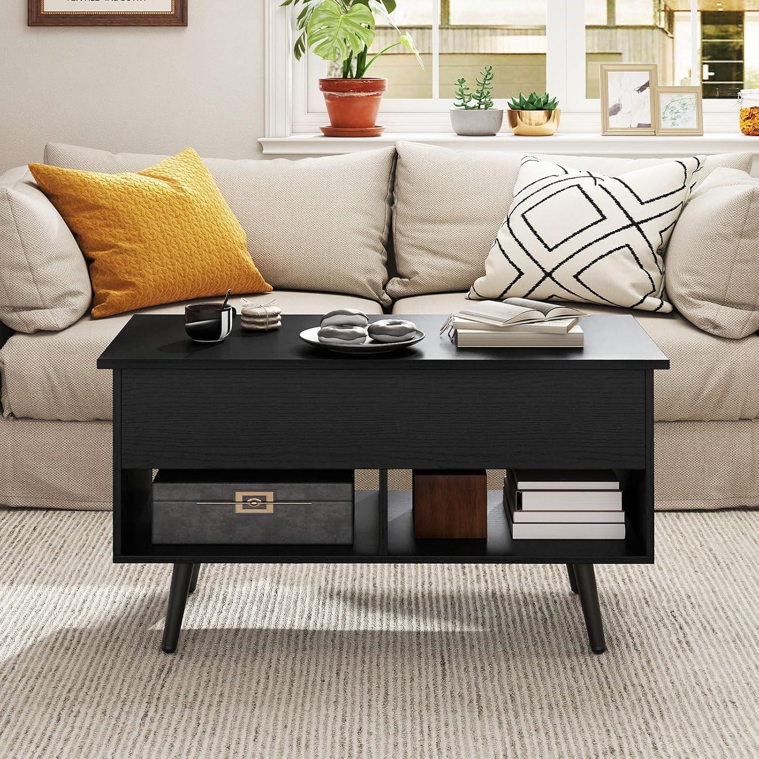 image:imageGiantex Lift Top Coffee Table Modern Cocktail Table wHidden Compartment amp 2 Open Shelves Flip Top Center Table Wooden Pull up Coffee Table for Living Room Reception Room Office BlackBlack