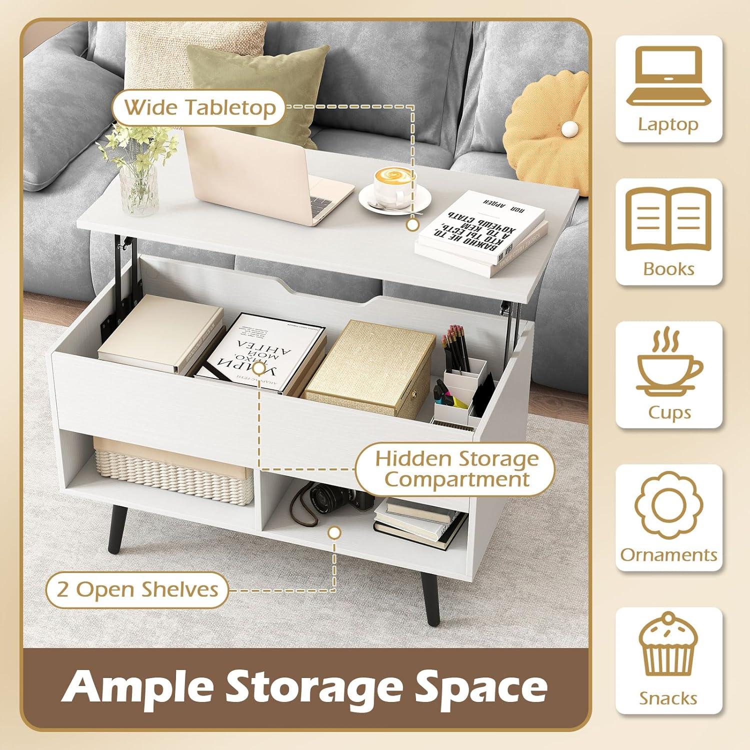 image:imageGiantex Lift Top Coffee Table Modern Cocktail Table wHidden Compartment amp 2 Open Shelves Flip Top Center Table Wooden Pull up Coffee Table for Living Room Reception Room Office BlackWhite