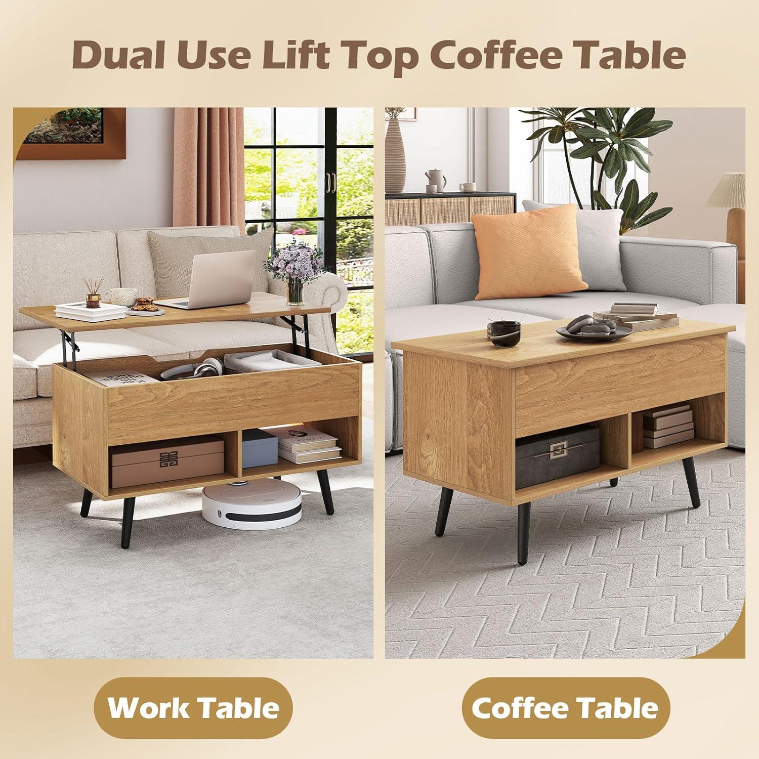 image:imageGiantex Lift Top Coffee Table Modern Cocktail Table wHidden Compartment amp 2 Open Shelves Flip Top Center Table Wooden Pull up Coffee Table for Living Room Reception Room Office BlackNatural