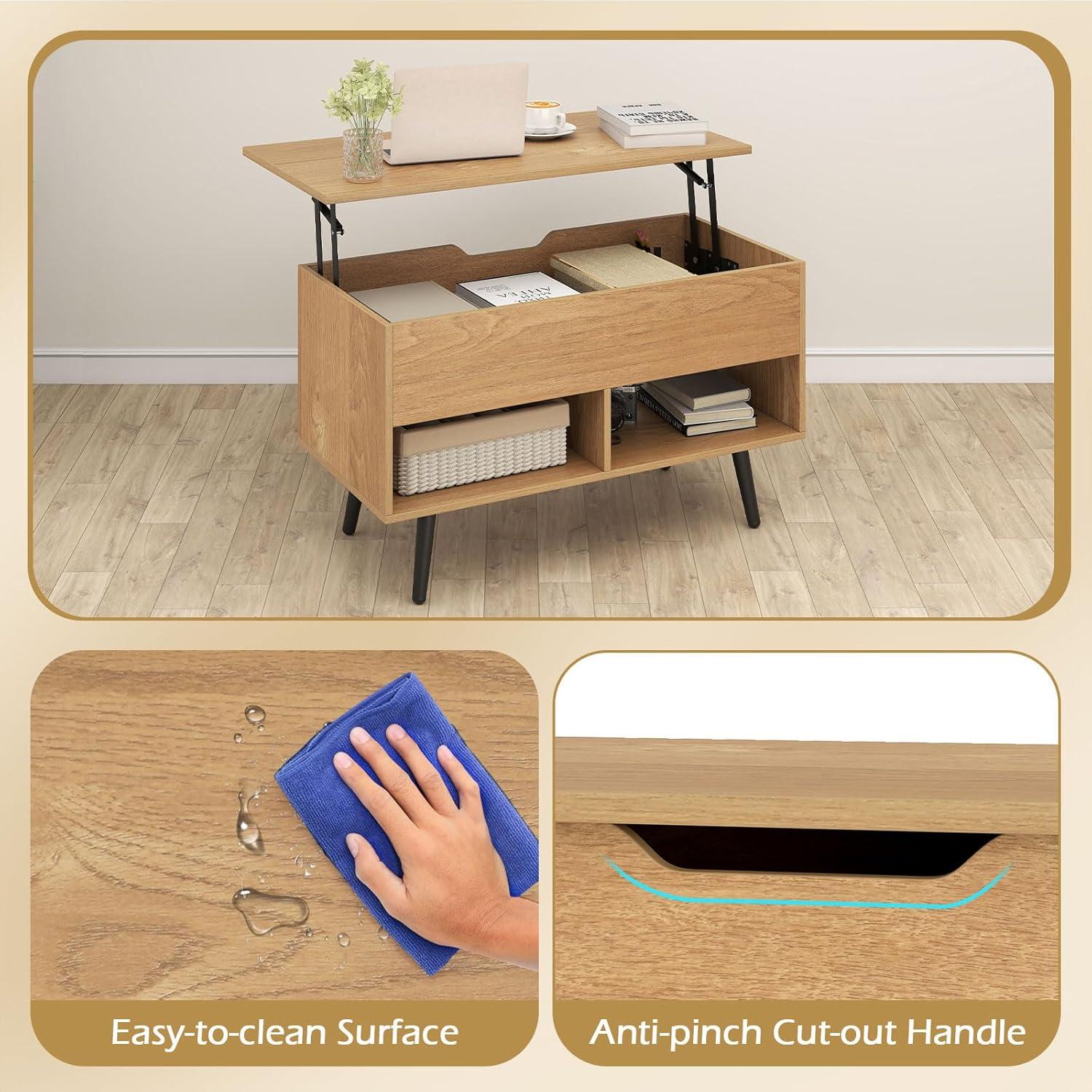 image:imageGiantex Lift Top Coffee Table Modern Cocktail Table wHidden Compartment amp 2 Open Shelves Flip Top Center Table Wooden Pull up Coffee Table for Living Room Reception Room Office BlackNatural