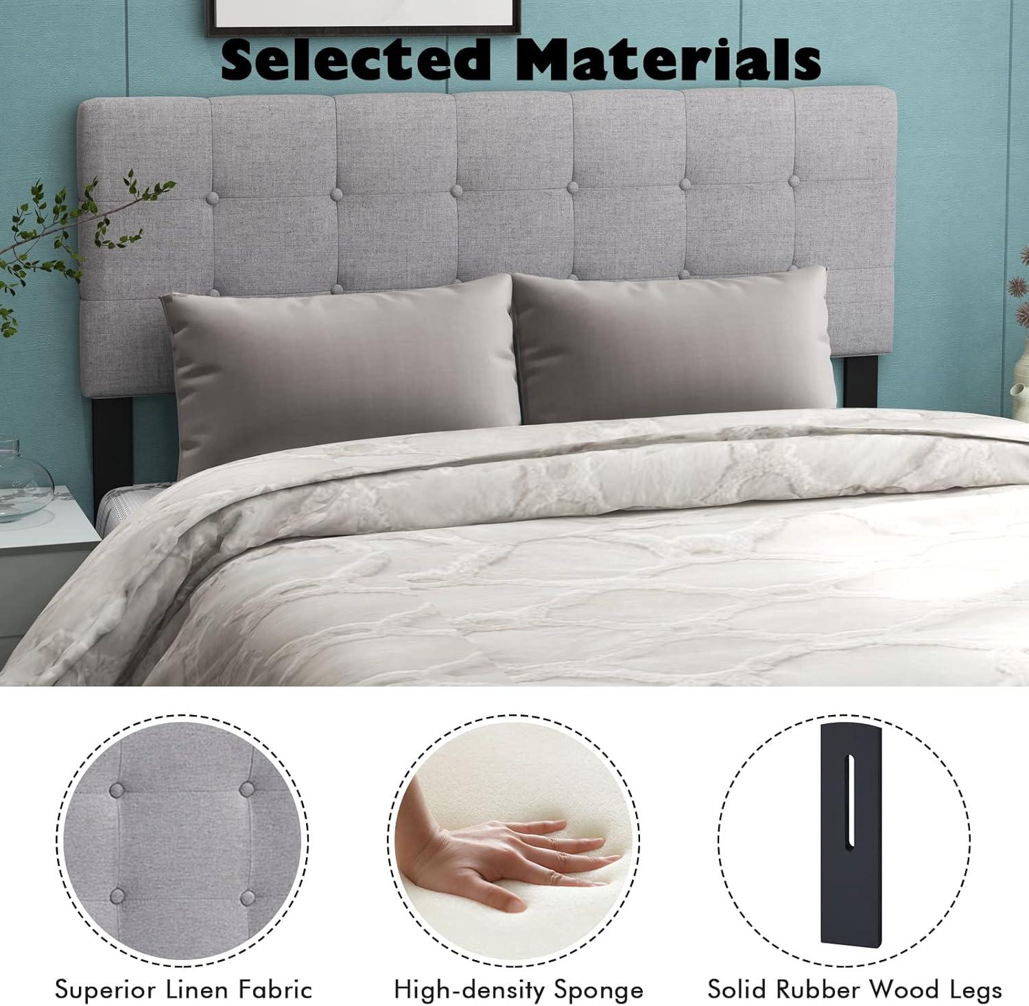image:imageGiantex Linen Upholstered Headboard Adjustable Width Button Tufted Headboard Only with Solid Wood Legs Attach Frame Modern Headboards for Queen Full Size Bed BeigeGray