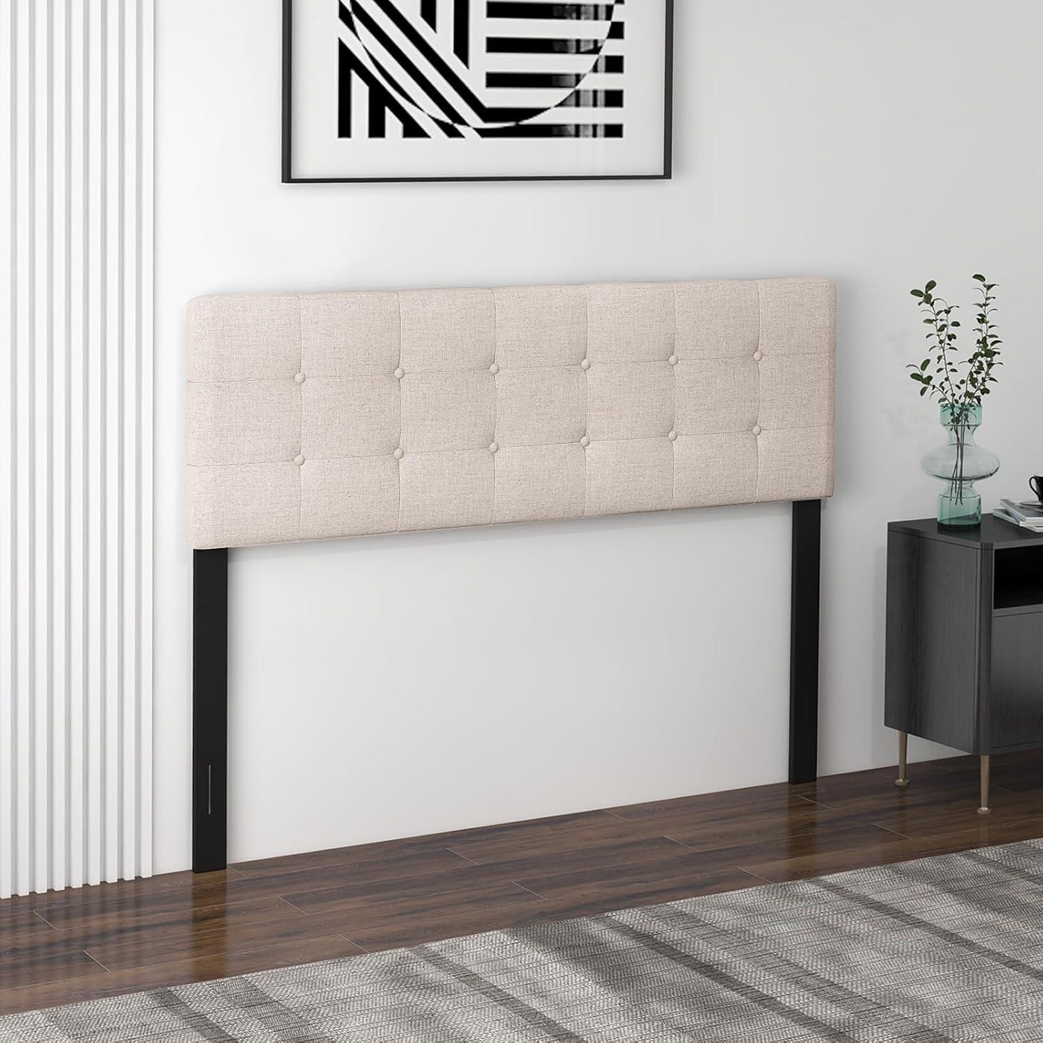 image:imageGiantex Linen Upholstered Headboard Adjustable Width Button Tufted Headboard Only with Solid Wood Legs Attach Frame Modern Headboards for Queen Full Size Bed BeigeBeige