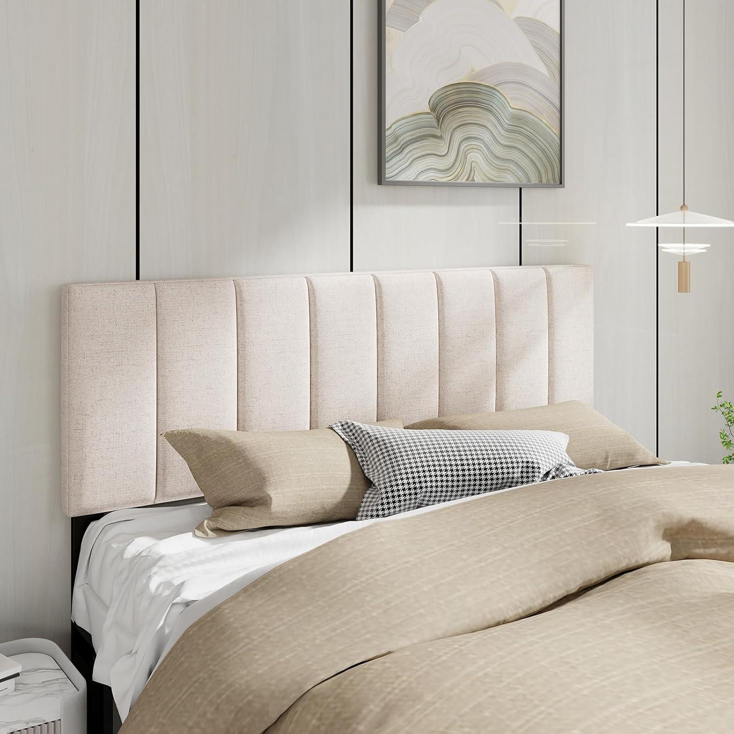 image:imageGiantex Linen Upholstered Headboard Adjustable Width Button Tufted Headboard Only with Solid Wood Legs Attach Frame Modern Headboards for Queen Full Size Bed BeigeBeige
