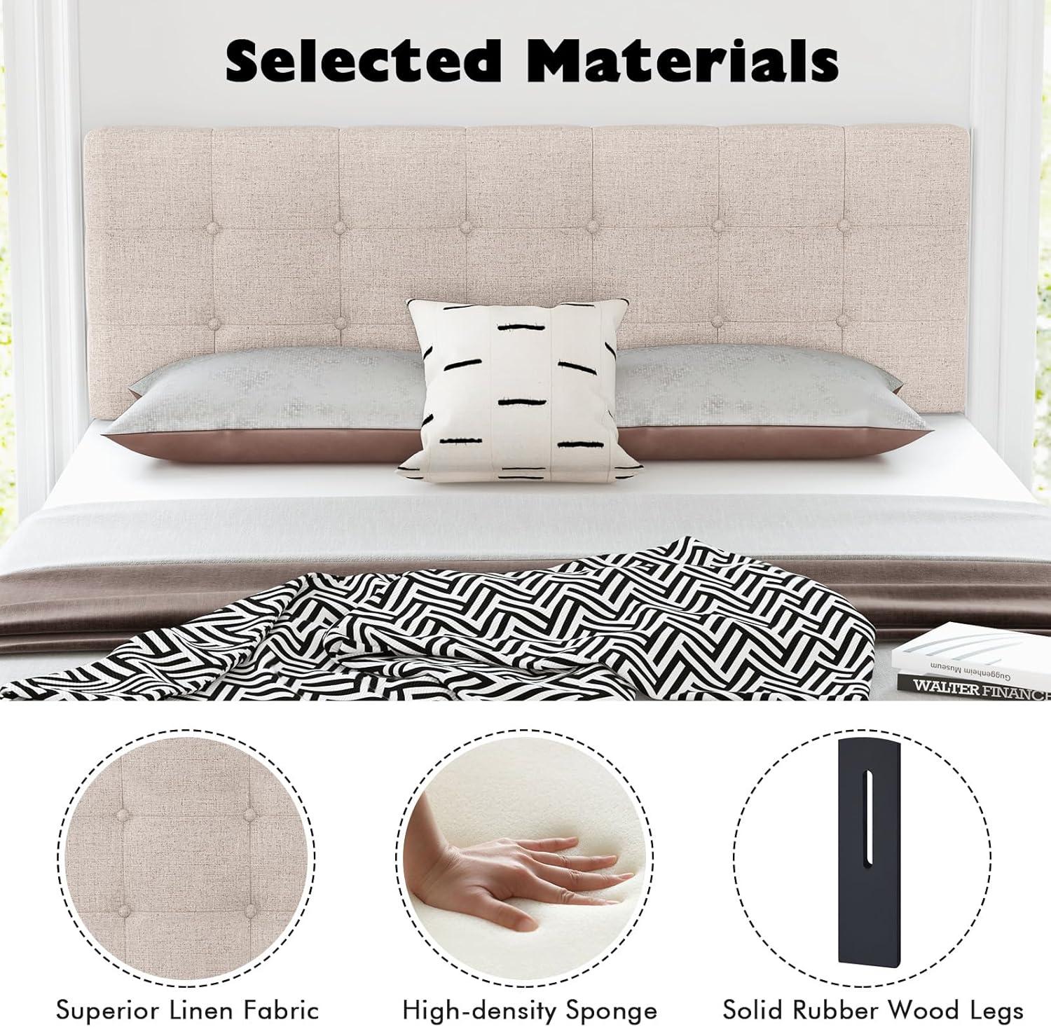 image:imageGiantex Linen Upholstered Headboard Adjustable Width Button Tufted Headboard Only with Solid Wood Legs Attach Frame Modern Headboards for Queen Full Size Bed BeigeBeige