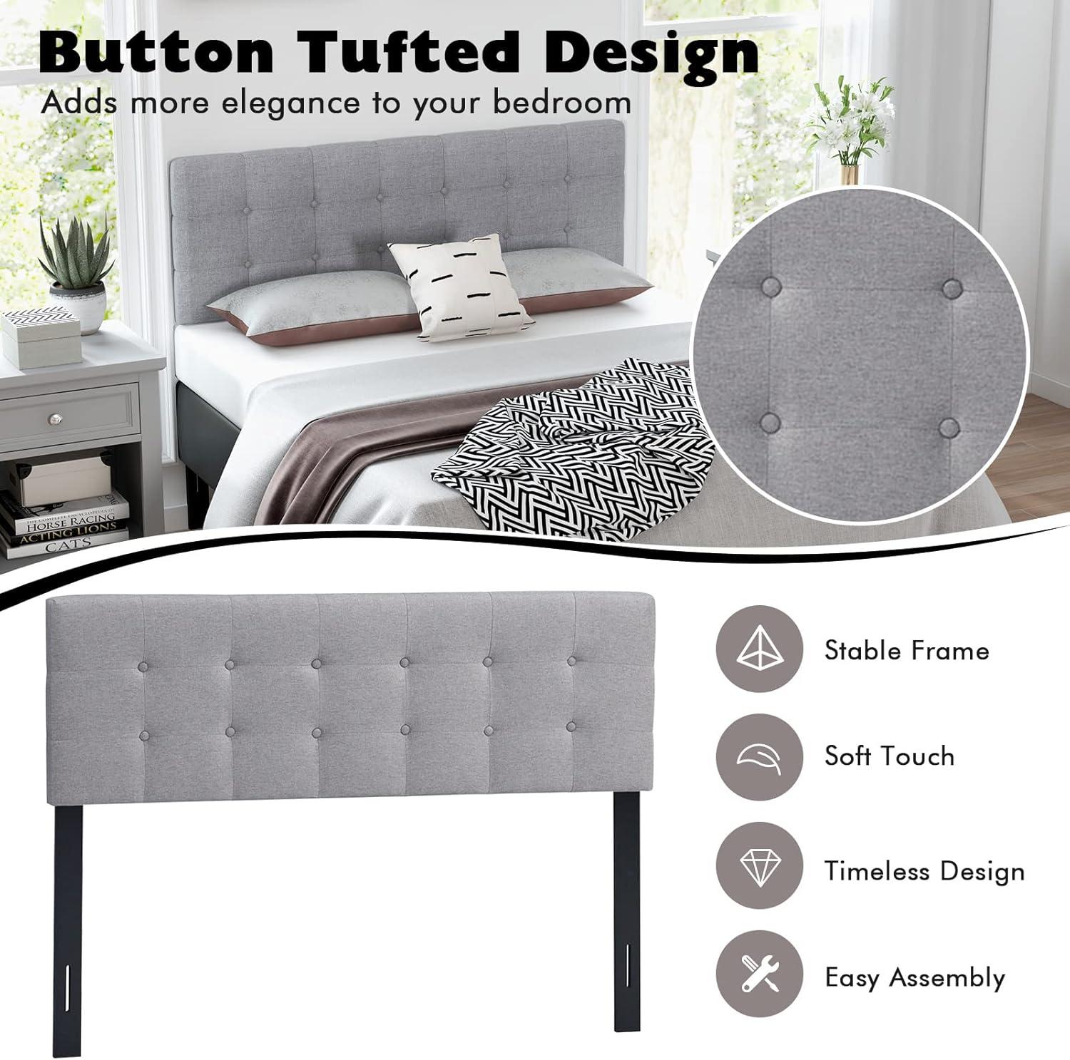 image:imageGiantex Linen Upholstered Headboard Adjustable Width Button Tufted Headboard Only with Solid Wood Legs Attach Frame Modern Headboards for Queen Full Size Bed BeigeGray