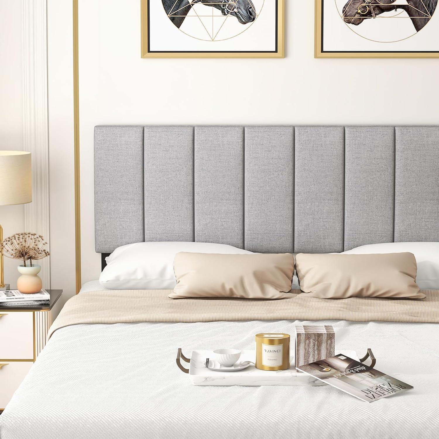 image:imageGiantex Linen Upholstered Headboard Adjustable Width Button Tufted Headboard Only with Solid Wood Legs Attach Frame Modern Headboards for Queen Full Size Bed BeigeGray