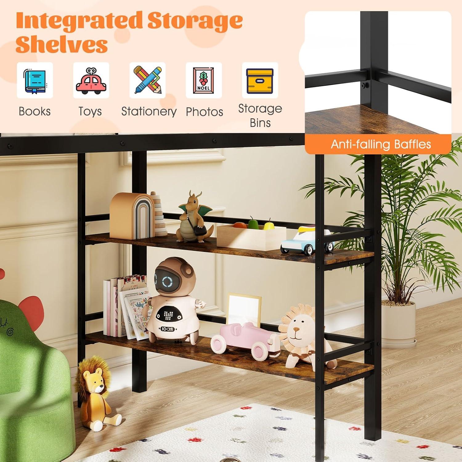 image:imageGiantex Low Loft Bed Twin Size Heavy Duty Metal Frame wStorage Shelves Ladder amp FullLength Guardrails Ample UnderBed Space Kids Loft Bed with Stairs for Boys Girls Junior No Box Spring Needed