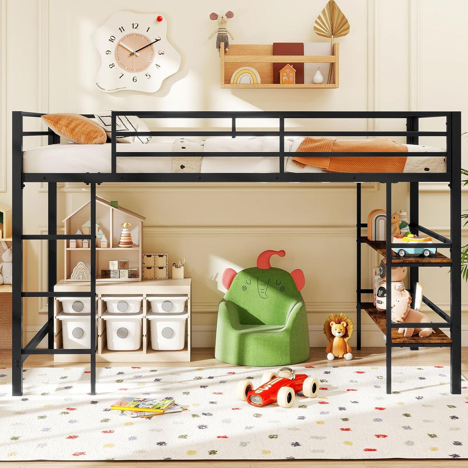 image:imageGiantex Low Loft Bed Twin Size Heavy Duty Metal Frame wStorage Shelves Ladder amp FullLength Guardrails Ample UnderBed Space Kids Loft Bed with Stairs for Boys Girls Junior No Box Spring Needed