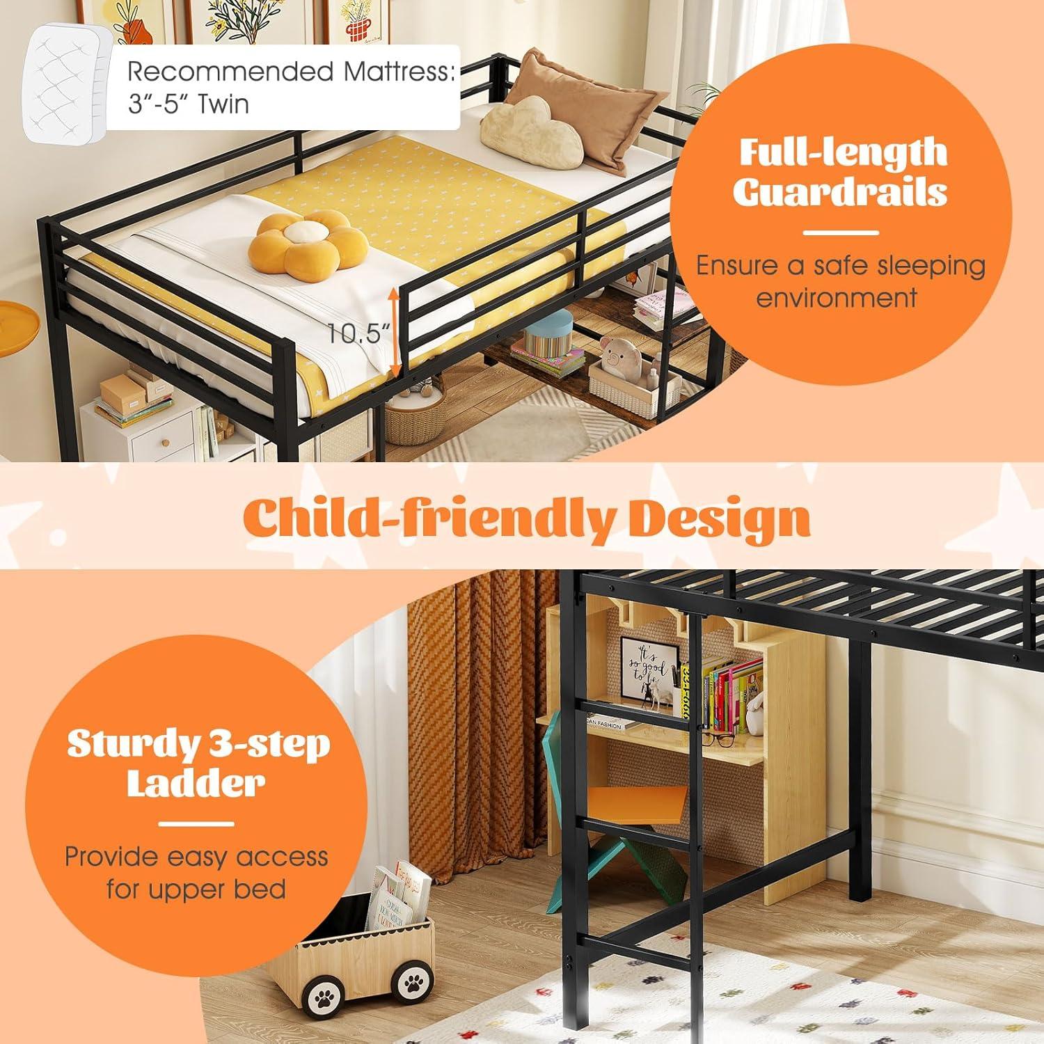 image:imageGiantex Low Loft Bed Twin Size Heavy Duty Metal Frame wStorage Shelves Ladder amp FullLength Guardrails Ample UnderBed Space Kids Loft Bed with Stairs for Boys Girls Junior No Box Spring Needed