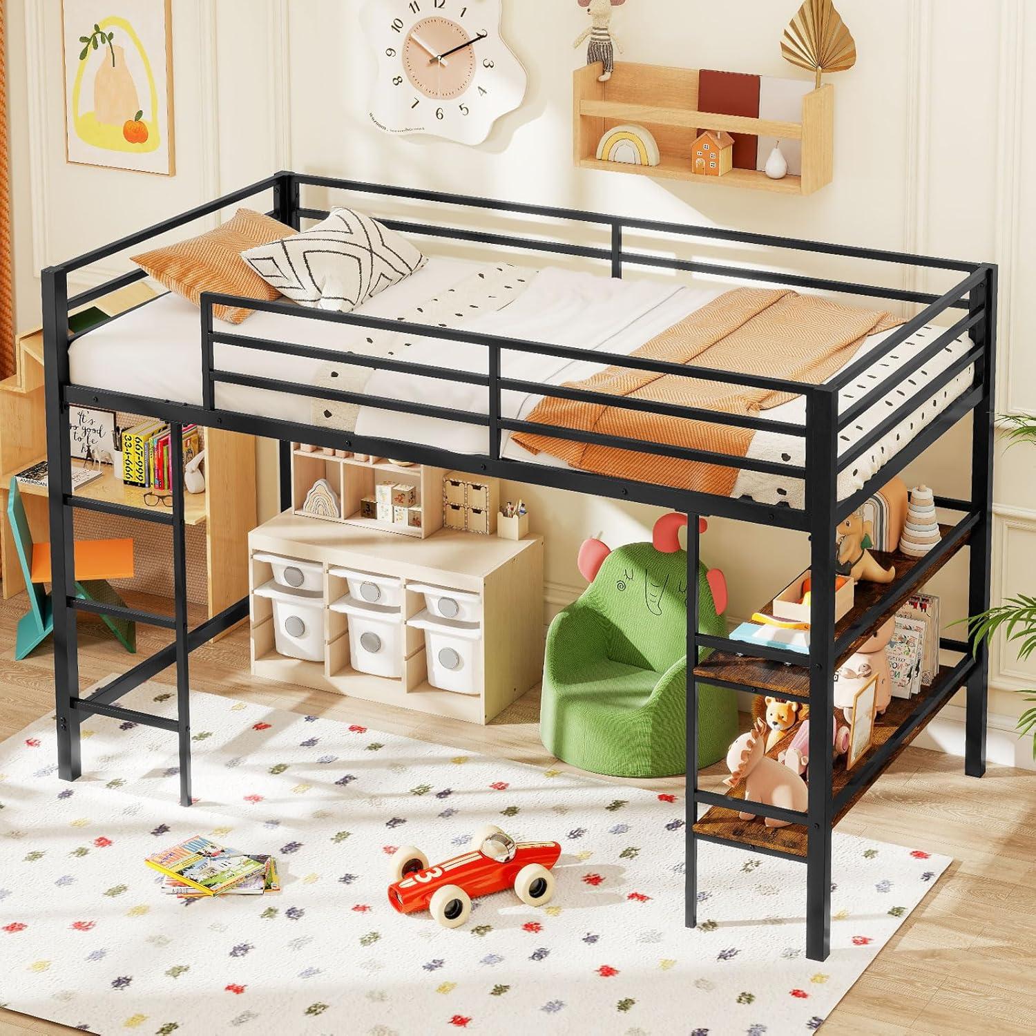 image:imageGiantex Low Loft Bed Twin Size Heavy Duty Metal Frame wStorage Shelves Ladder amp FullLength Guardrails Ample UnderBed Space Kids Loft Bed with Stairs for Boys Girls Junior No Box Spring Needed