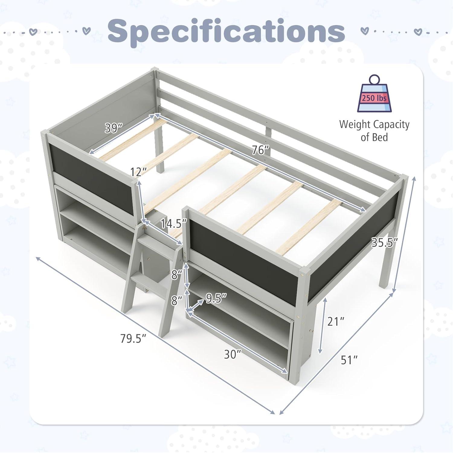 image:imageGiantex Low Loft Bed Twin Size Wooden Loft Bed with Ladder amp Blackboard Twin Bed Frames for Kids with Storage 2 Bookcases and Play Space WhiteGrey