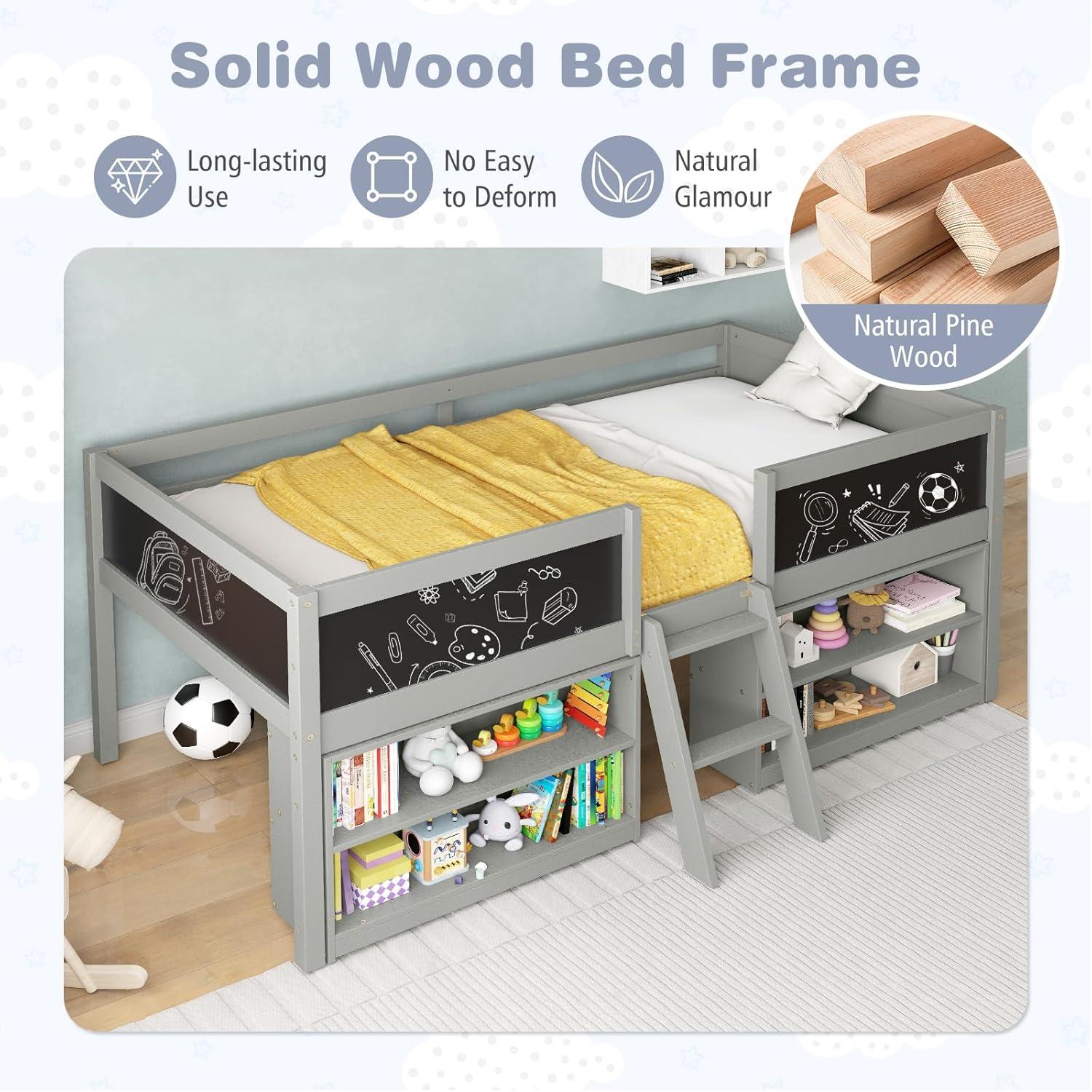 image:imageGiantex Low Loft Bed Twin Size Wooden Loft Bed with Ladder amp Blackboard Twin Bed Frames for Kids with Storage 2 Bookcases and Play Space WhiteGrey