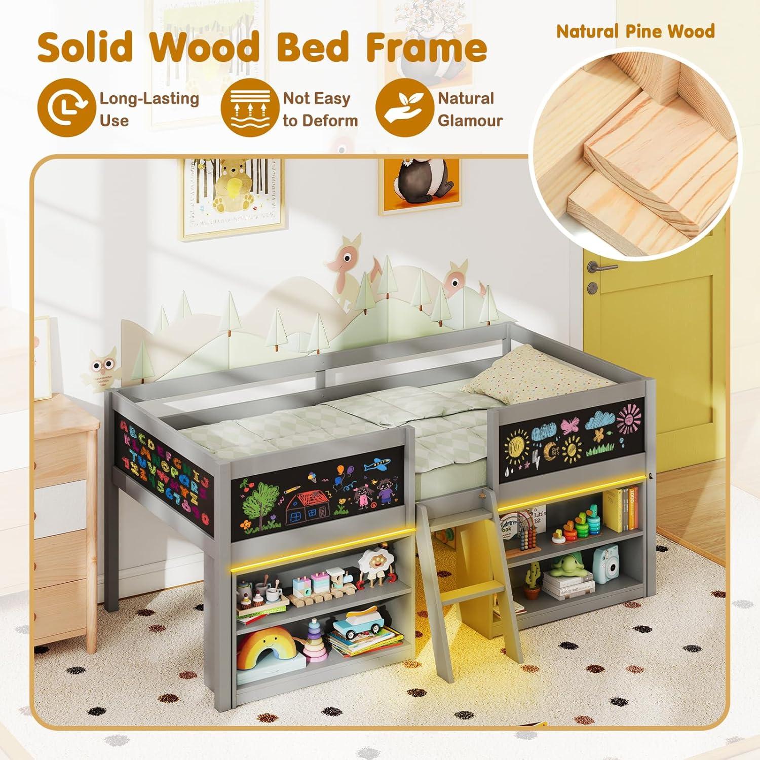 image:imageGiantex Low Loft Bed Twin Size Wooden Loft Bed with Ladder amp Blackboard Twin Bed Frames for Kids with Storage 2 Bookcases and Play Space WhiteGrey
