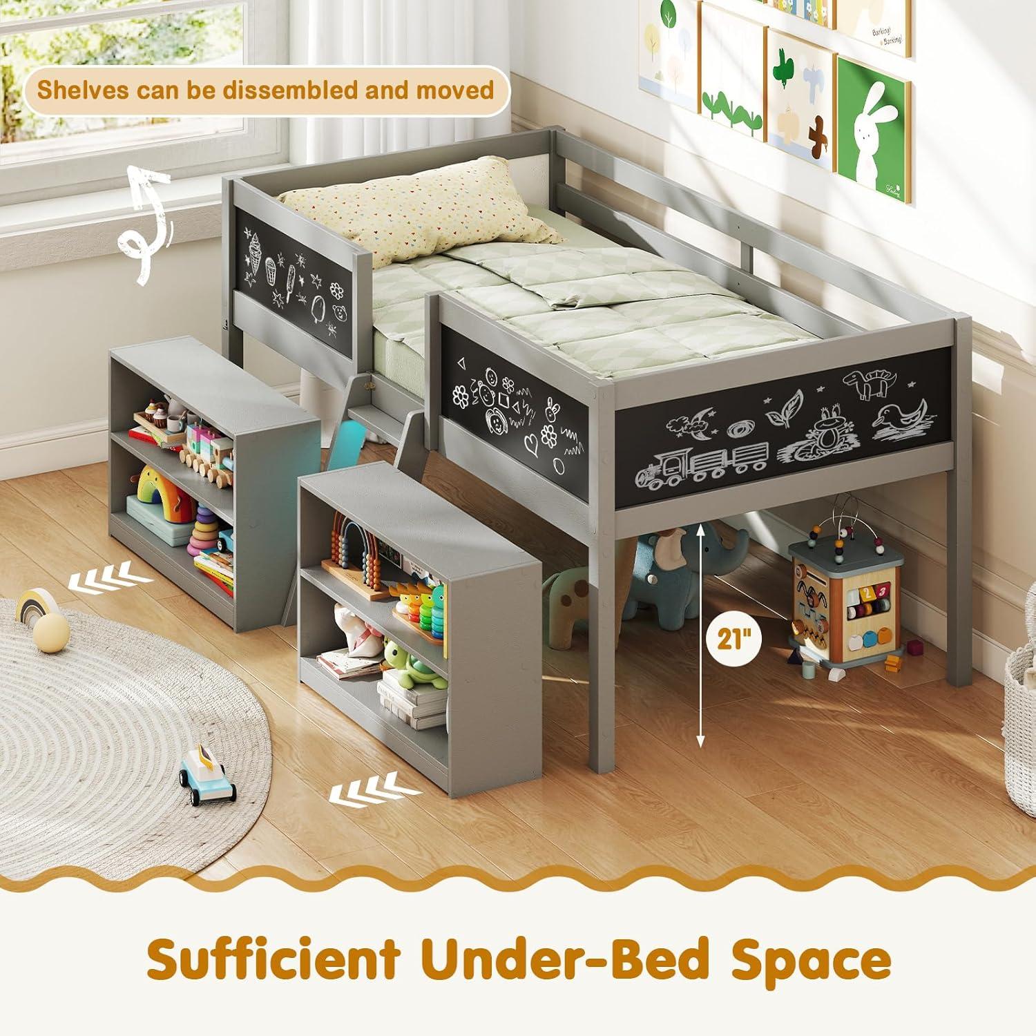 image:imageGiantex Low Loft Bed Twin Size Wooden Loft Bed with Ladder amp Blackboard Twin Bed Frames for Kids with Storage 2 Bookcases and Play Space WhiteGrey