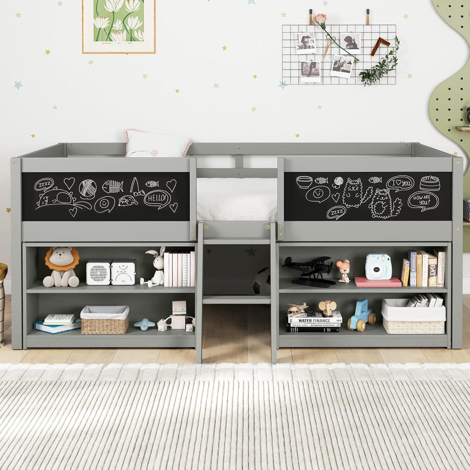 image:imageGiantex Low Loft Bed Twin Size Wooden Loft Bed with Ladder amp Blackboard Twin Bed Frames for Kids with Storage 2 Bookcases and Play Space WhiteGrey