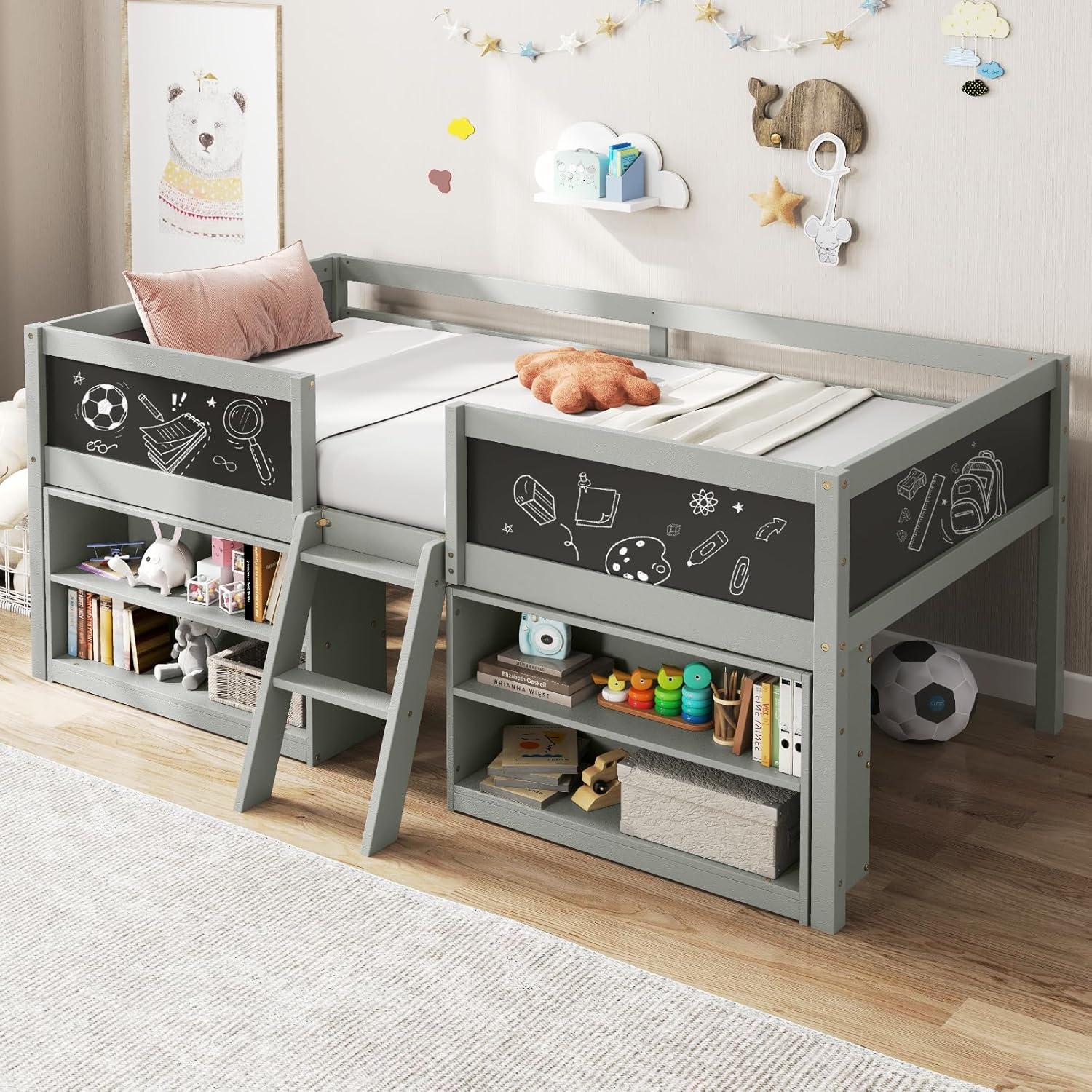 image:imageGiantex Low Loft Bed Twin Size Wooden Loft Bed with Ladder amp Blackboard Twin Bed Frames for Kids with Storage 2 Bookcases and Play Space WhiteGrey