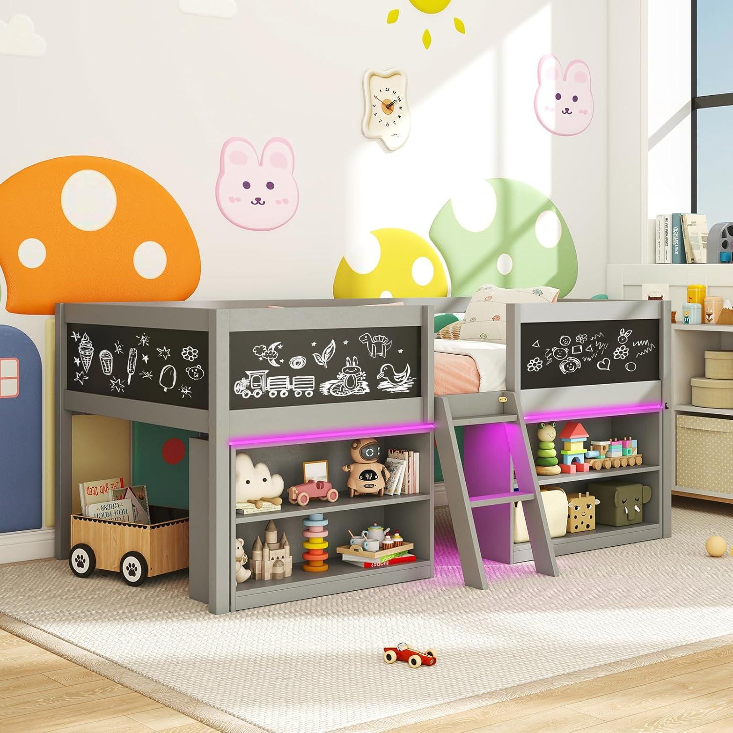 image:imageGiantex Low Loft Bed Twin Size Wooden Loft Bed with Ladder amp Blackboard Twin Bed Frames for Kids with Storage 2 Bookcases and Play Space WhiteGrey