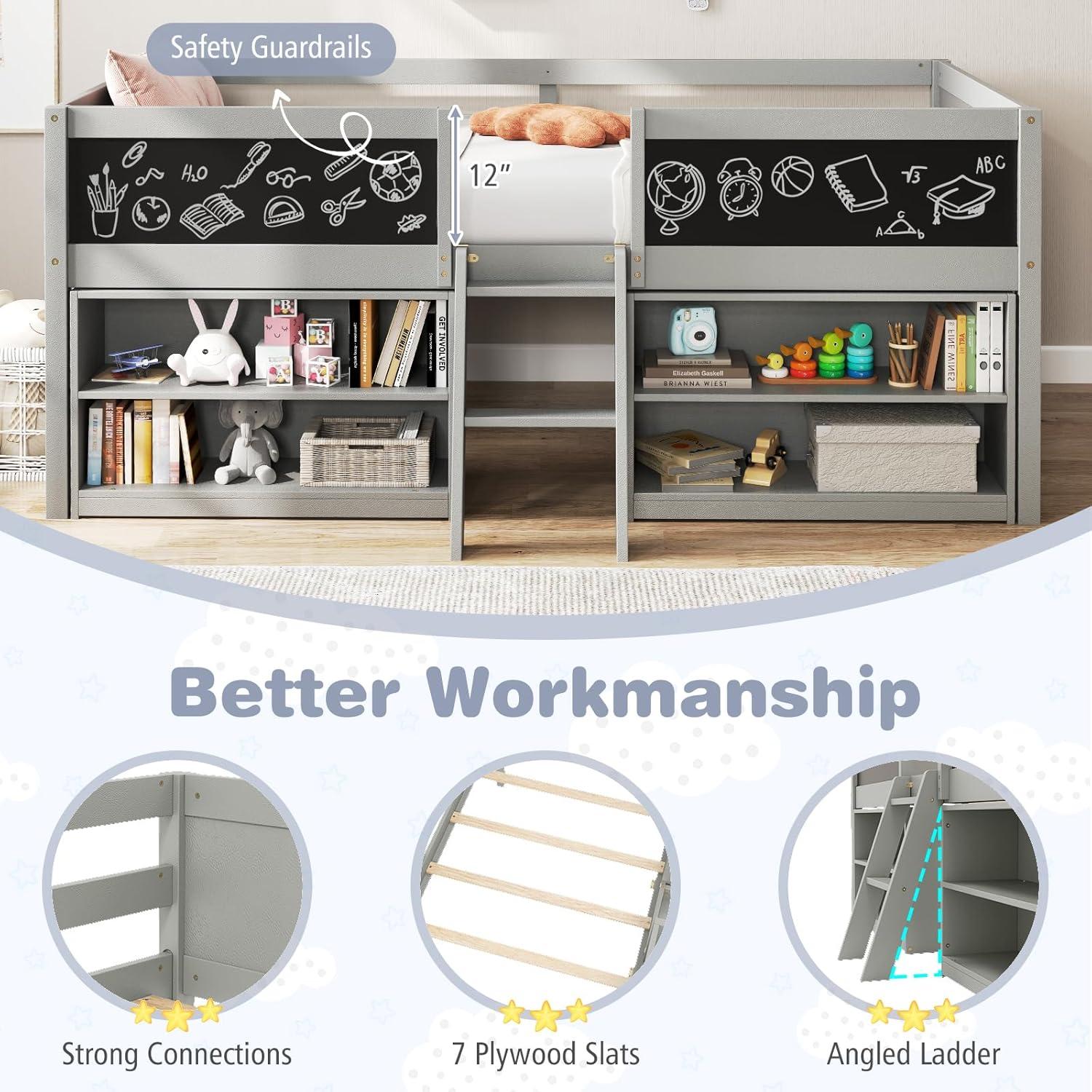 image:imageGiantex Low Loft Bed Twin Size Wooden Loft Bed with Ladder amp Blackboard Twin Bed Frames for Kids with Storage 2 Bookcases and Play Space WhiteGrey