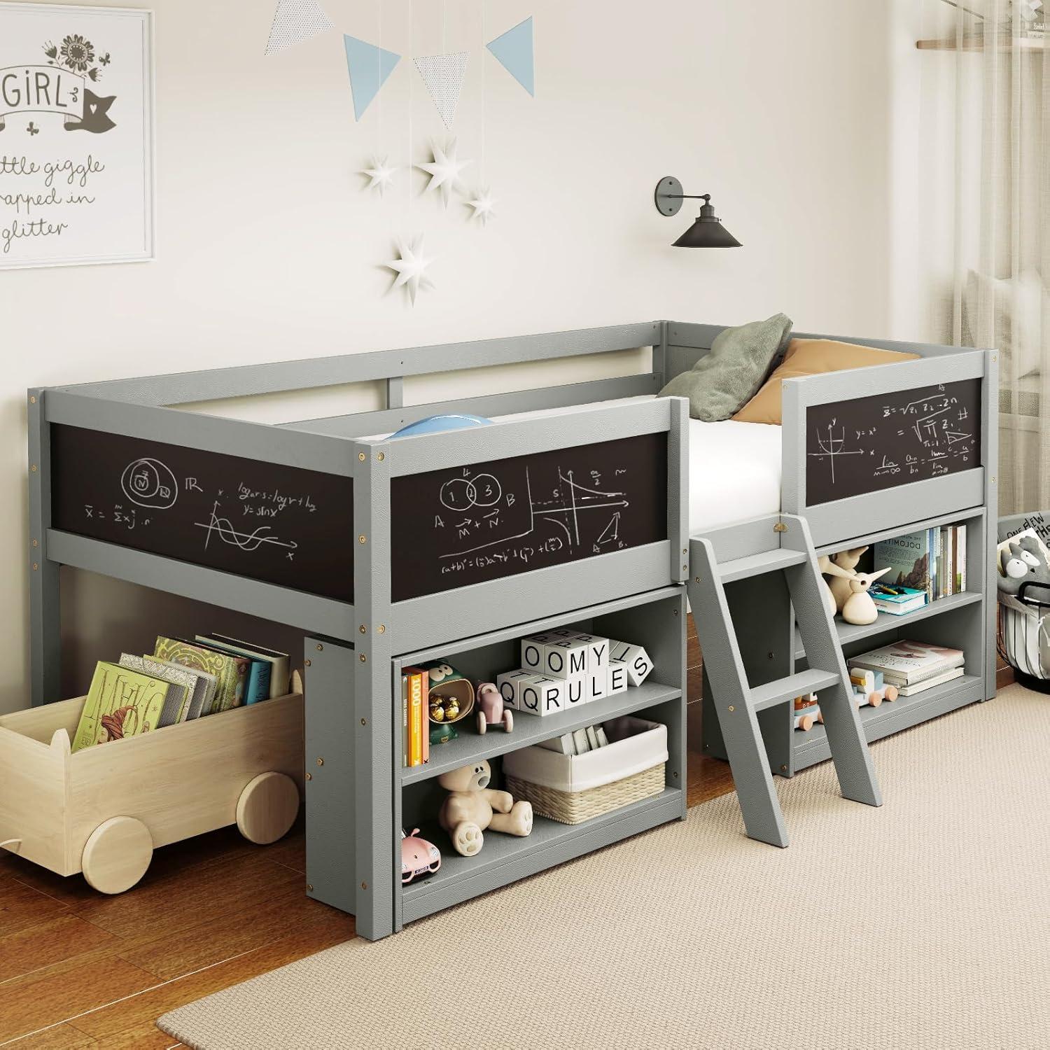image:imageGiantex Low Loft Bed Twin Size Wooden Loft Bed with Ladder amp Blackboard Twin Bed Frames for Kids with Storage 2 Bookcases and Play Space WhiteGrey