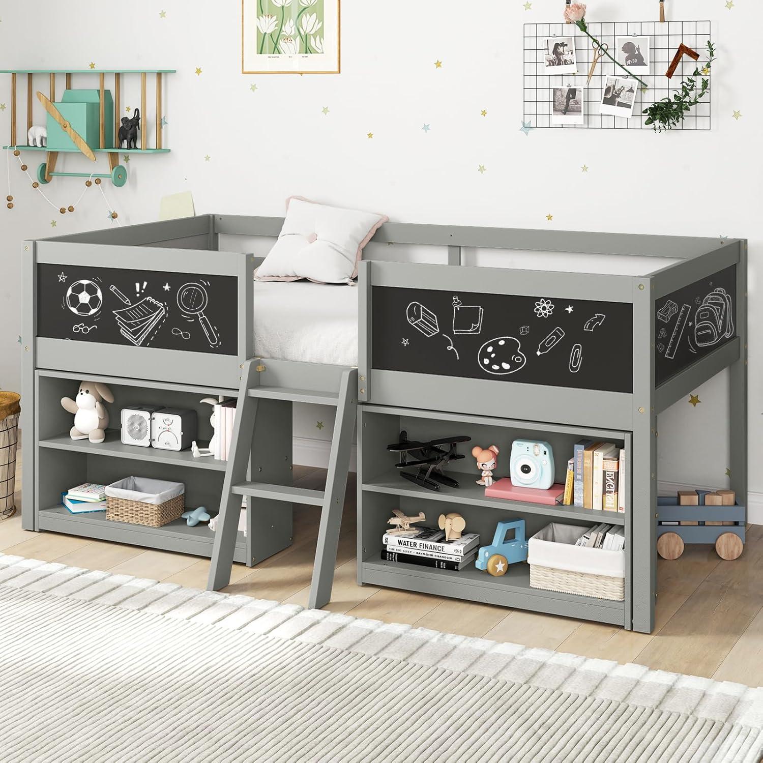 image:imageGiantex Low Loft Bed Twin Size Wooden Loft Bed with Ladder amp Blackboard Twin Bed Frames for Kids with Storage 2 Bookcases and Play Space WhiteGrey