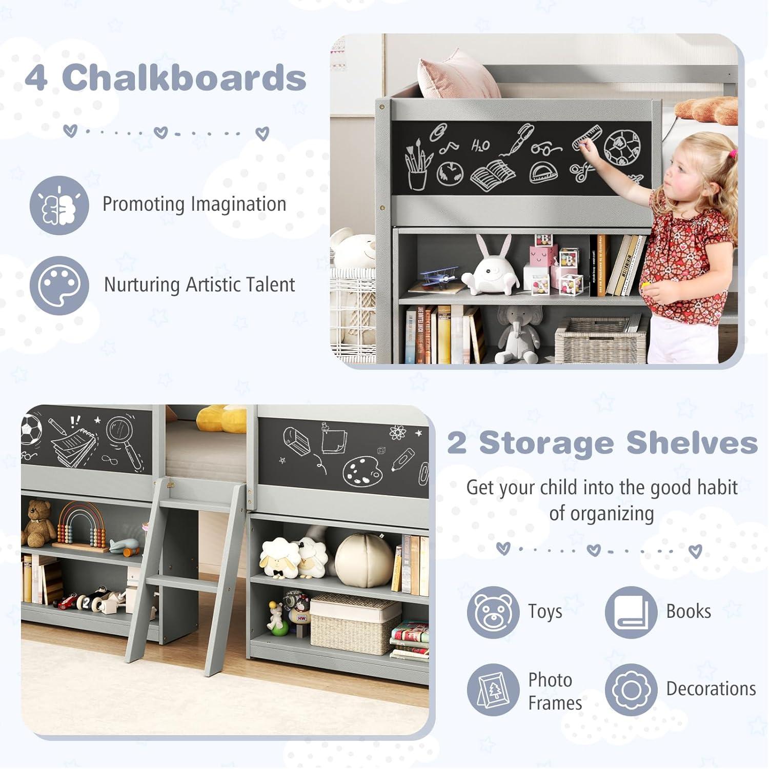 image:imageGiantex Low Loft Bed Twin Size Wooden Loft Bed with Ladder amp Blackboard Twin Bed Frames for Kids with Storage 2 Bookcases and Play Space WhiteGrey