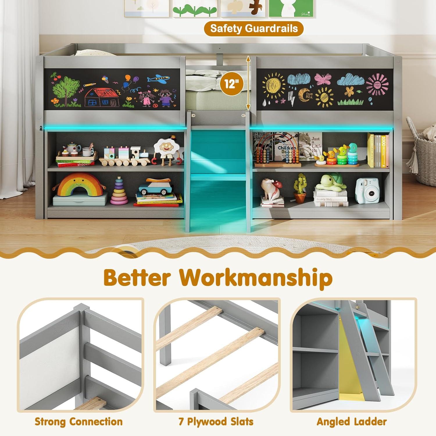 image:imageGiantex Low Loft Bed Twin Size Wooden Loft Bed with Ladder amp Blackboard Twin Bed Frames for Kids with Storage 2 Bookcases and Play Space WhiteGrey