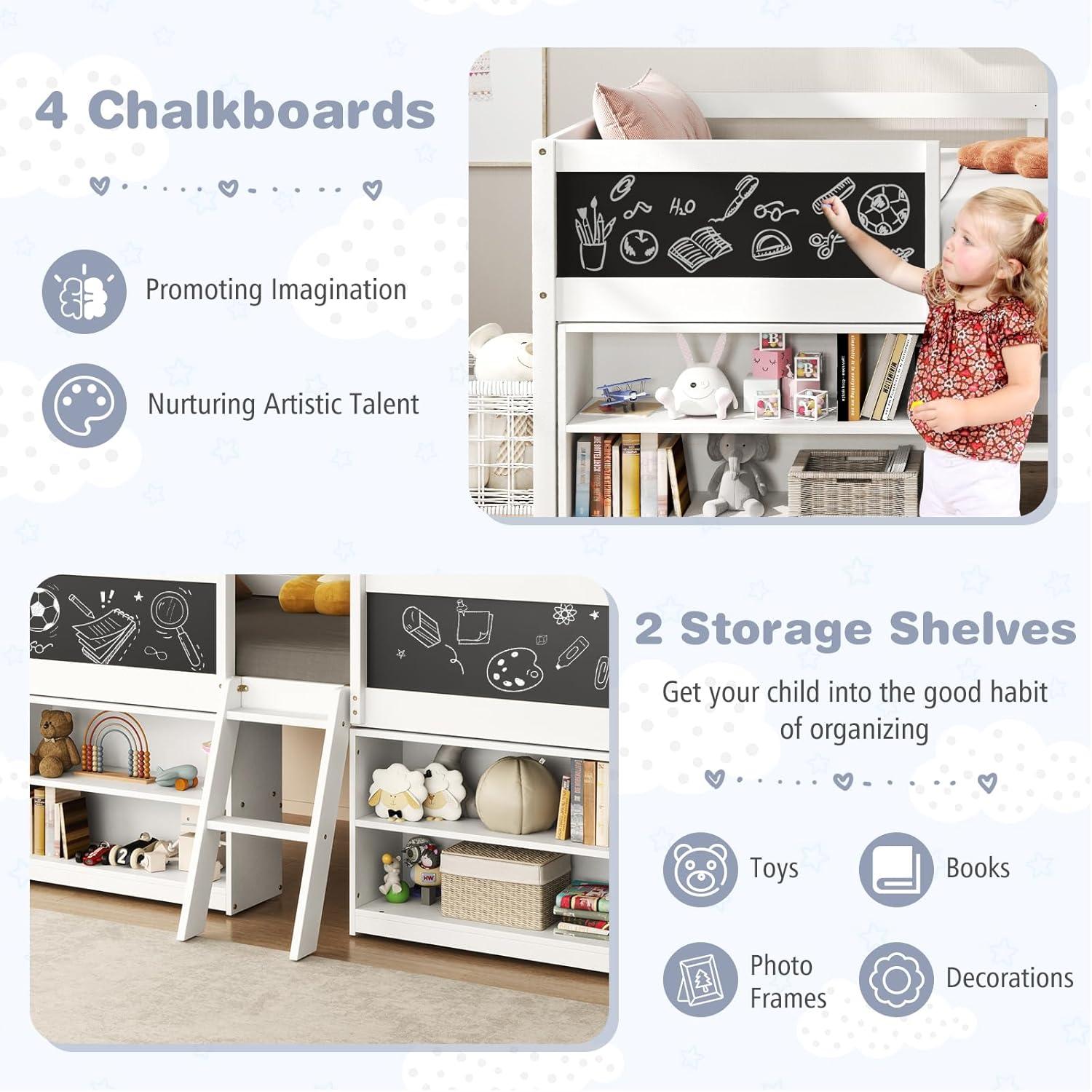 image:imageGiantex Low Loft Bed Twin Size Wooden Loft Bed with Ladder amp Blackboard Twin Bed Frames for Kids with Storage 2 Bookcases and Play Space WhiteWhite