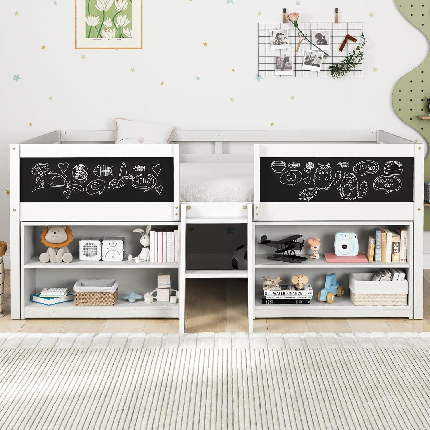 image:imageGiantex Low Loft Bed Twin Size Wooden Loft Bed with Ladder amp Blackboard Twin Bed Frames for Kids with Storage 2 Bookcases and Play Space WhiteWhite