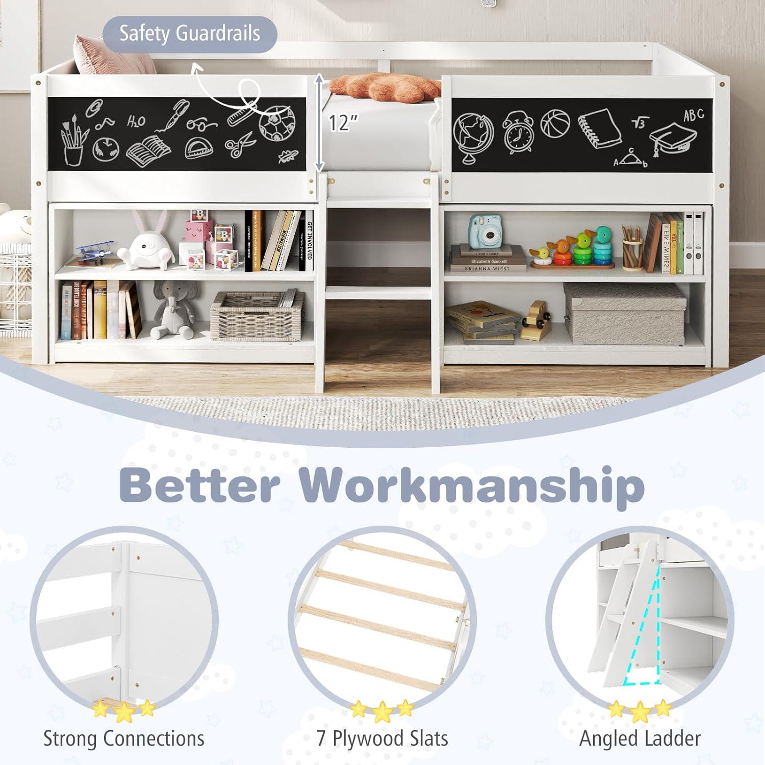 image:imageGiantex Low Loft Bed Twin Size Wooden Loft Bed with Ladder amp Blackboard Twin Bed Frames for Kids with Storage 2 Bookcases and Play Space WhiteWhite