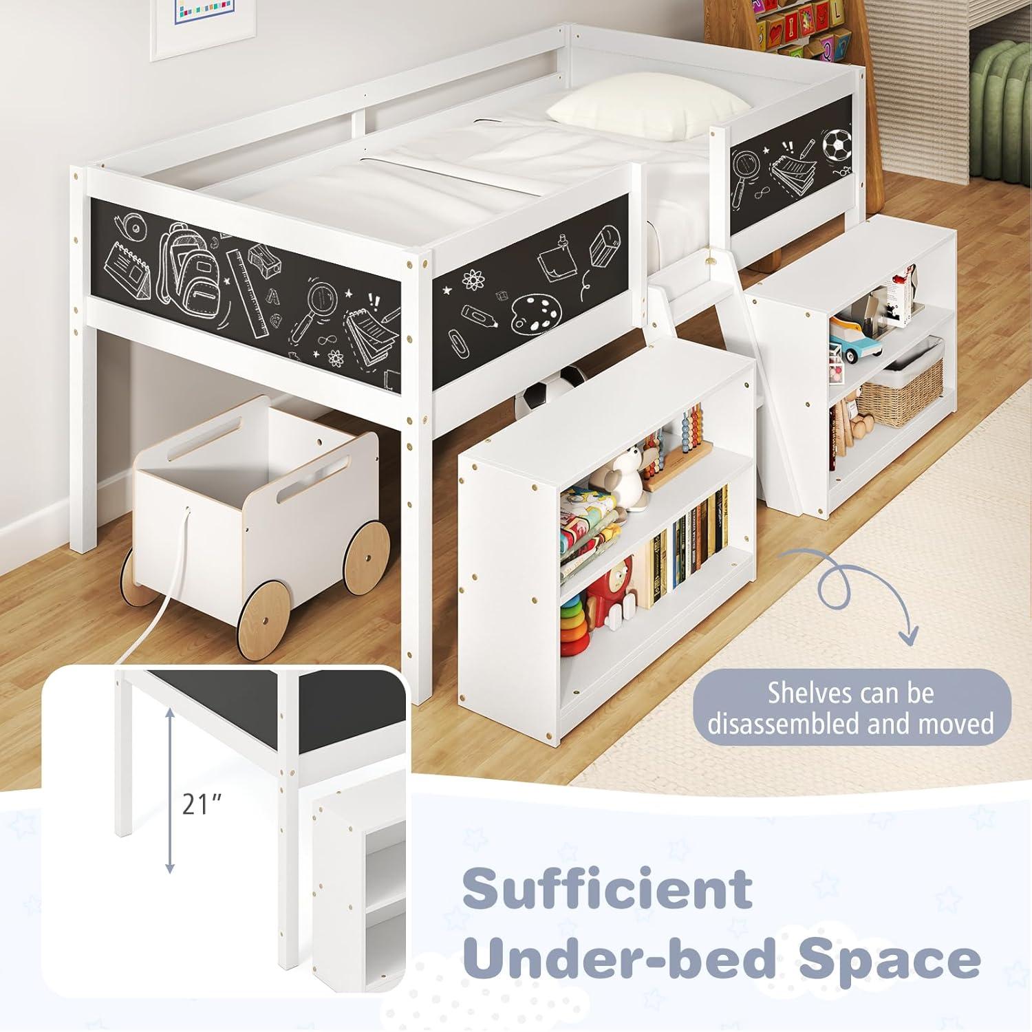 image:imageGiantex Low Loft Bed Twin Size Wooden Loft Bed with Ladder amp Blackboard Twin Bed Frames for Kids with Storage 2 Bookcases and Play Space WhiteWhite