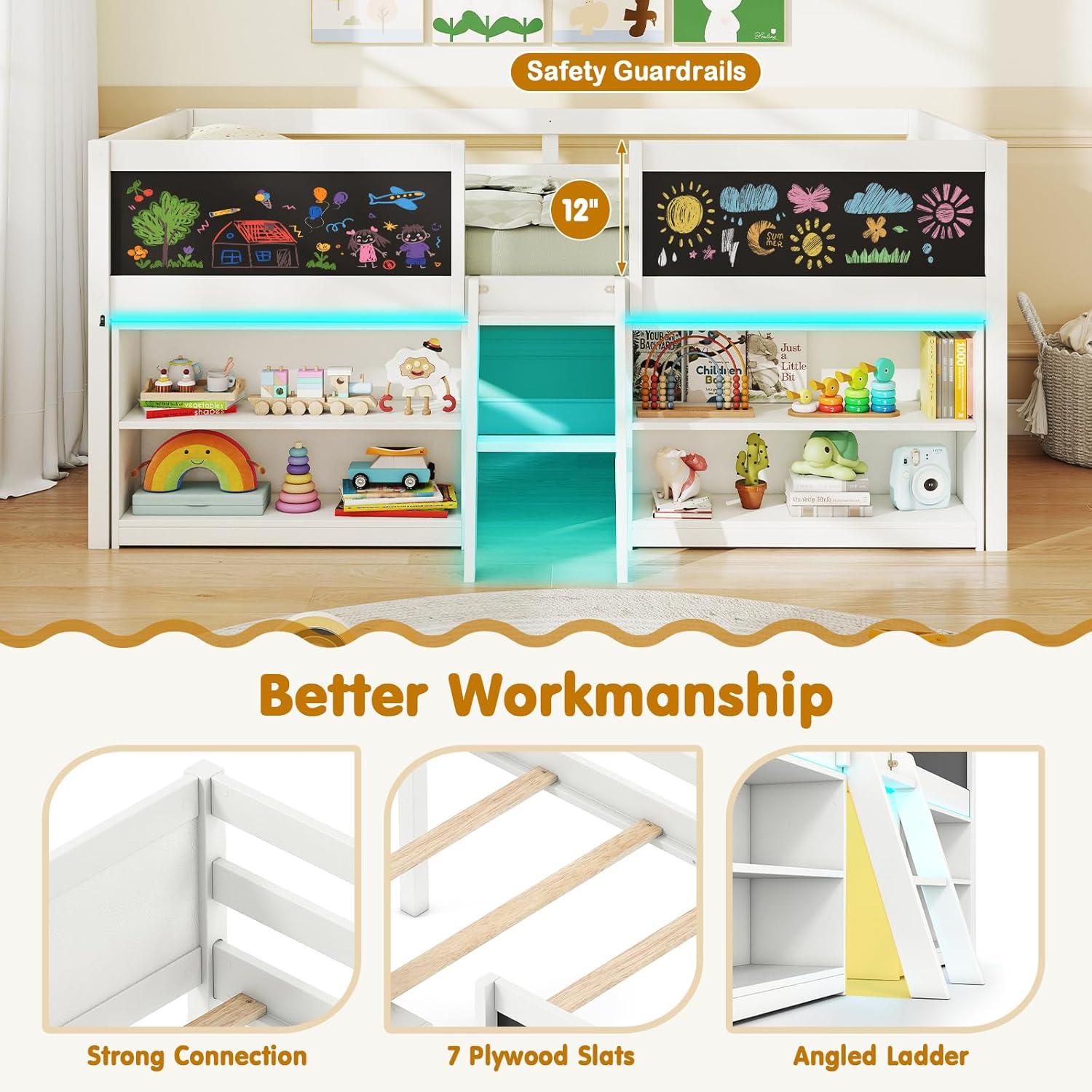 image:imageGiantex Low Loft Bed Twin Size Wooden Loft Bed with Ladder amp Blackboard Twin Bed Frames for Kids with Storage 2 Bookcases and Play Space WhiteWhite