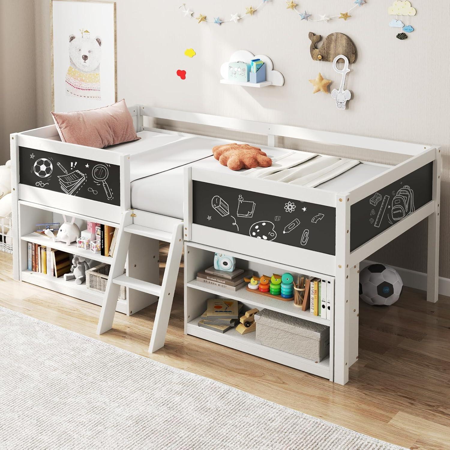 image:imageGiantex Low Loft Bed Twin Size Wooden Loft Bed with Ladder amp Blackboard Twin Bed Frames for Kids with Storage 2 Bookcases and Play Space WhiteWhite
