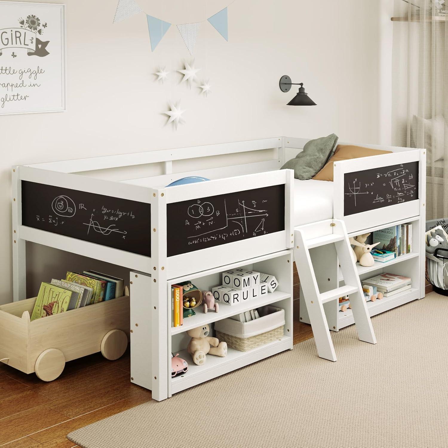 image:imageGiantex Low Loft Bed Twin Size Wooden Loft Bed with Ladder amp Blackboard Twin Bed Frames for Kids with Storage 2 Bookcases and Play Space WhiteWhite