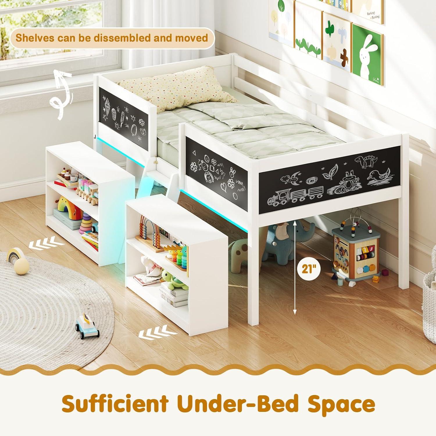 image:imageGiantex Low Loft Bed Twin Size Wooden Loft Bed with Ladder amp Blackboard Twin Bed Frames for Kids with Storage 2 Bookcases and Play Space WhiteWhite