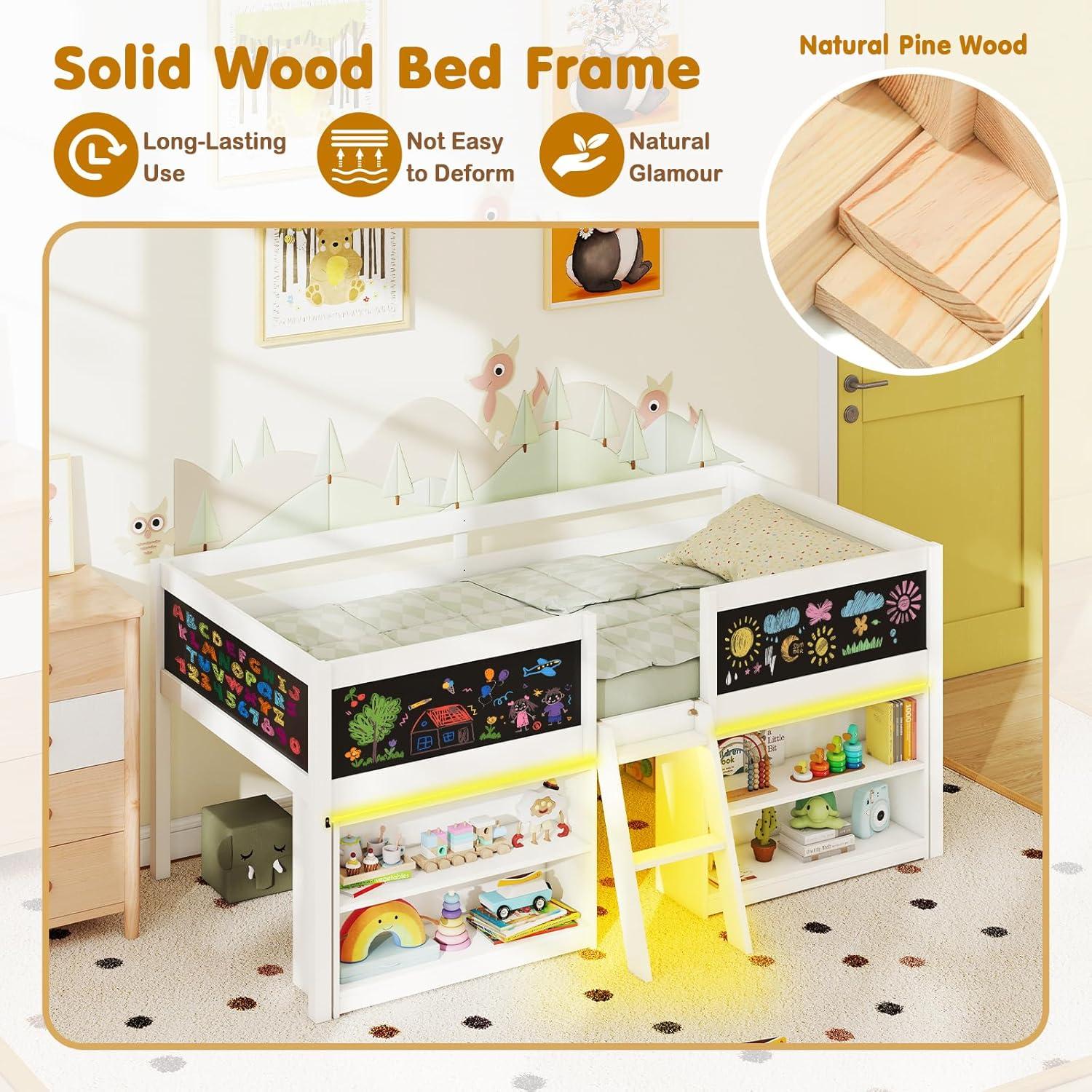 image:imageGiantex Low Loft Bed Twin Size Wooden Loft Bed with Ladder amp Blackboard Twin Bed Frames for Kids with Storage 2 Bookcases and Play Space WhiteWhite