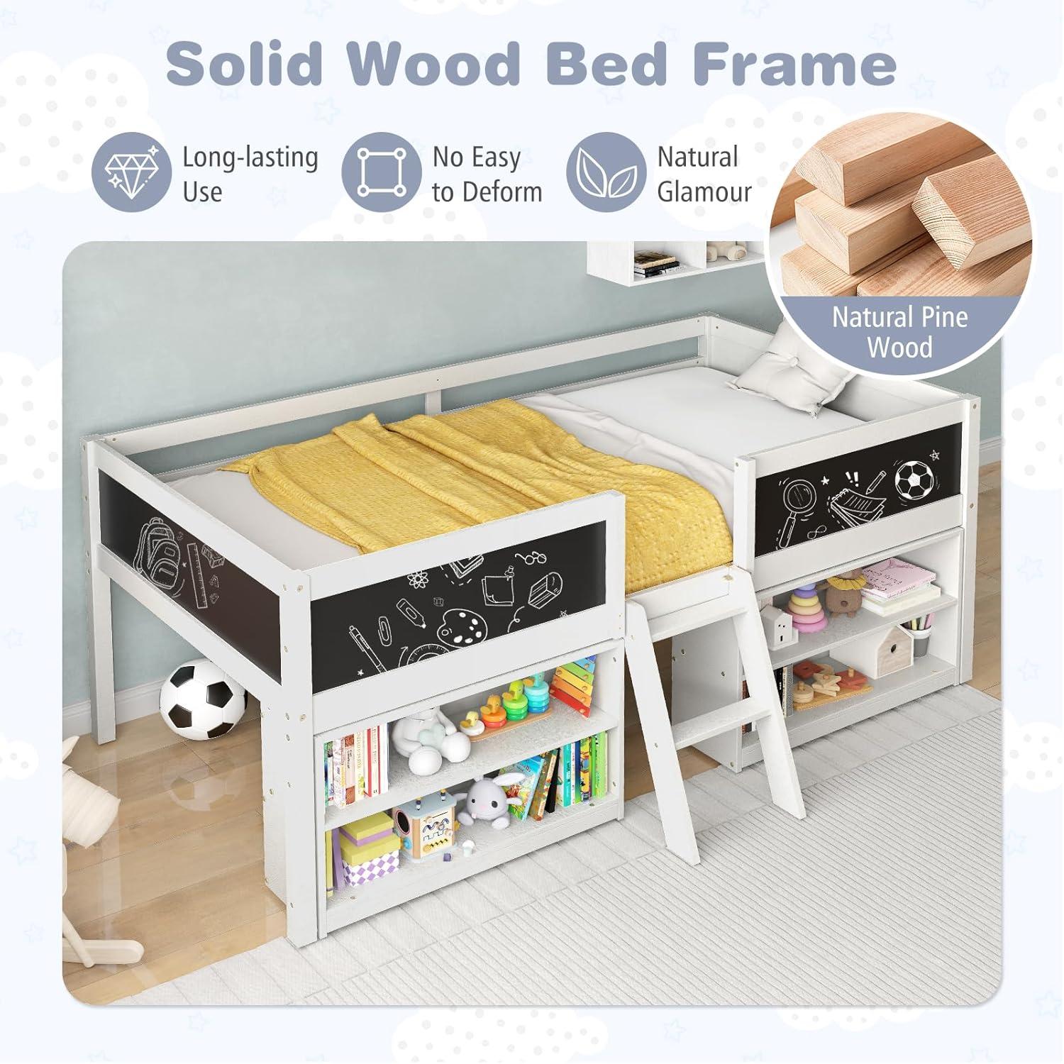 image:imageGiantex Low Loft Bed Twin Size Wooden Loft Bed with Ladder amp Blackboard Twin Bed Frames for Kids with Storage 2 Bookcases and Play Space WhiteWhite