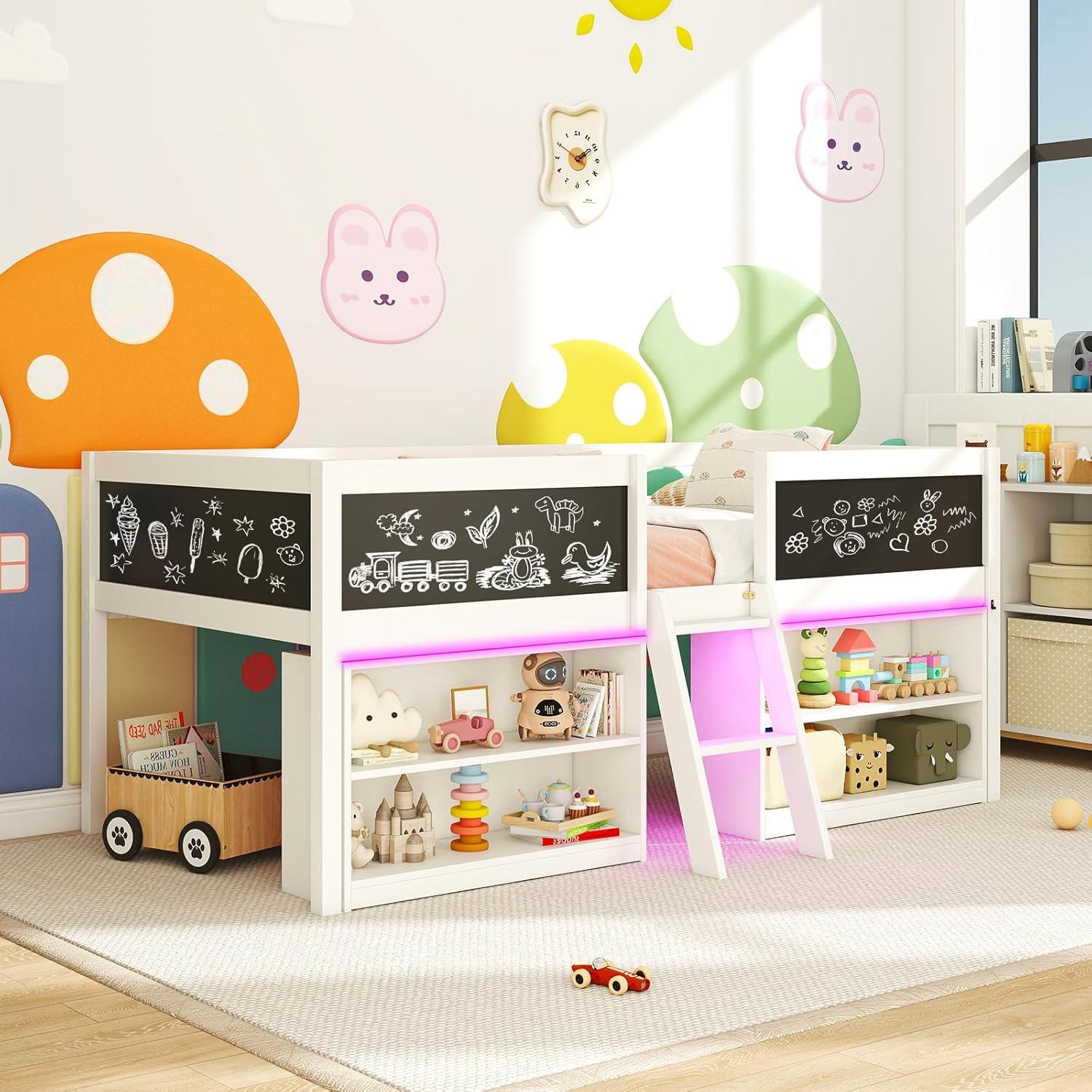 image:imageGiantex Low Loft Bed Twin Size Wooden Loft Bed with Ladder amp Blackboard Twin Bed Frames for Kids with Storage 2 Bookcases and Play Space WhiteWhite