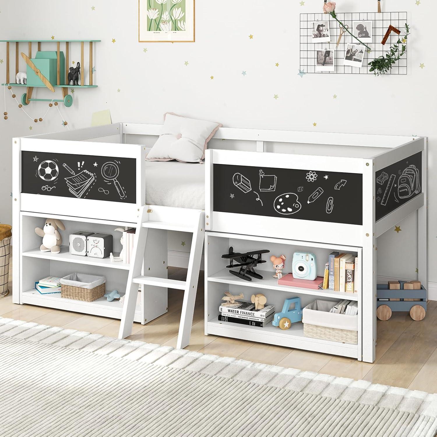 image:imageGiantex Low Loft Bed Twin Size Wooden Loft Bed with Ladder amp Blackboard Twin Bed Frames for Kids with Storage 2 Bookcases and Play Space WhiteWhite