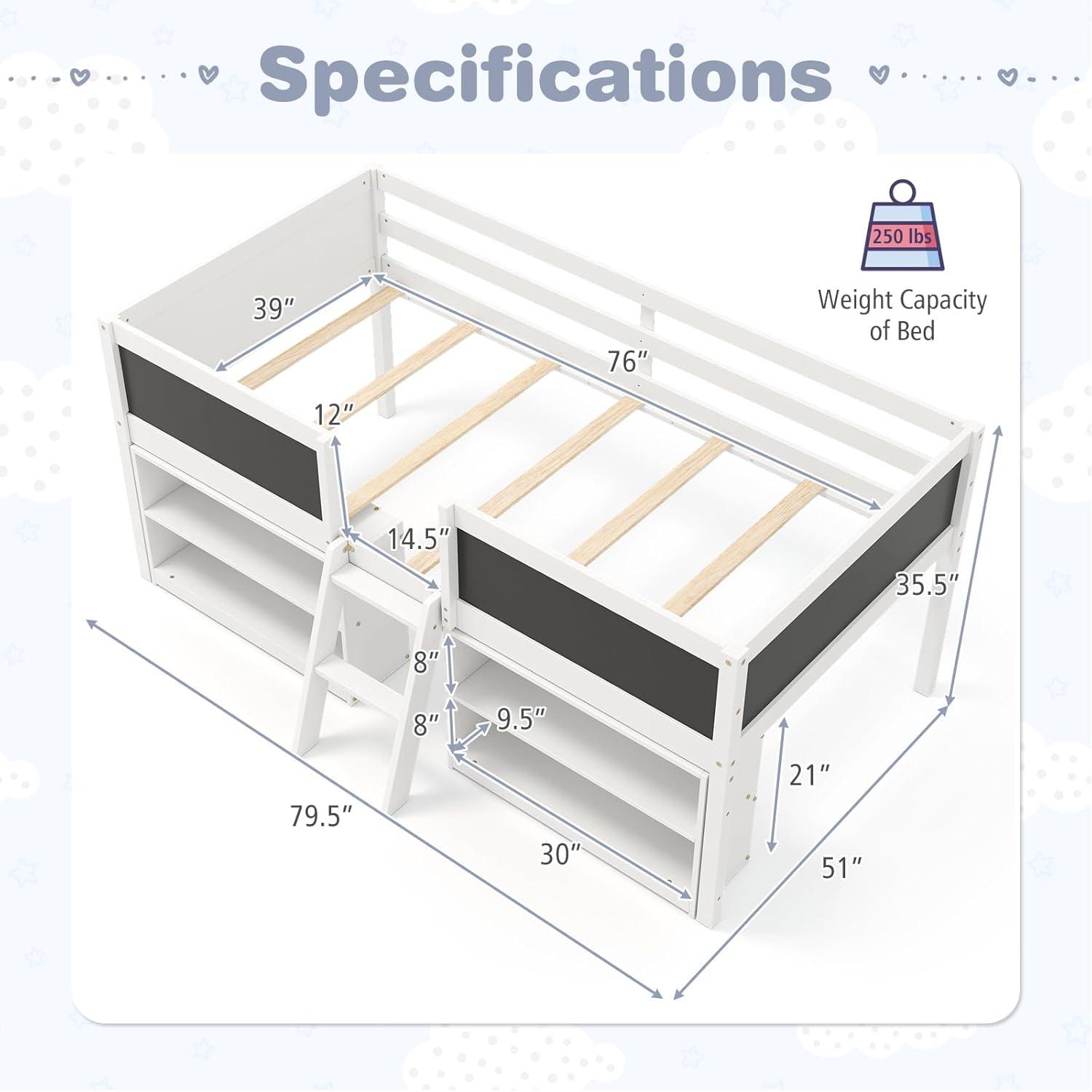 image:imageGiantex Low Loft Bed Twin Size Wooden Loft Bed with Ladder amp Blackboard Twin Bed Frames for Kids with Storage 2 Bookcases and Play Space WhiteWhite