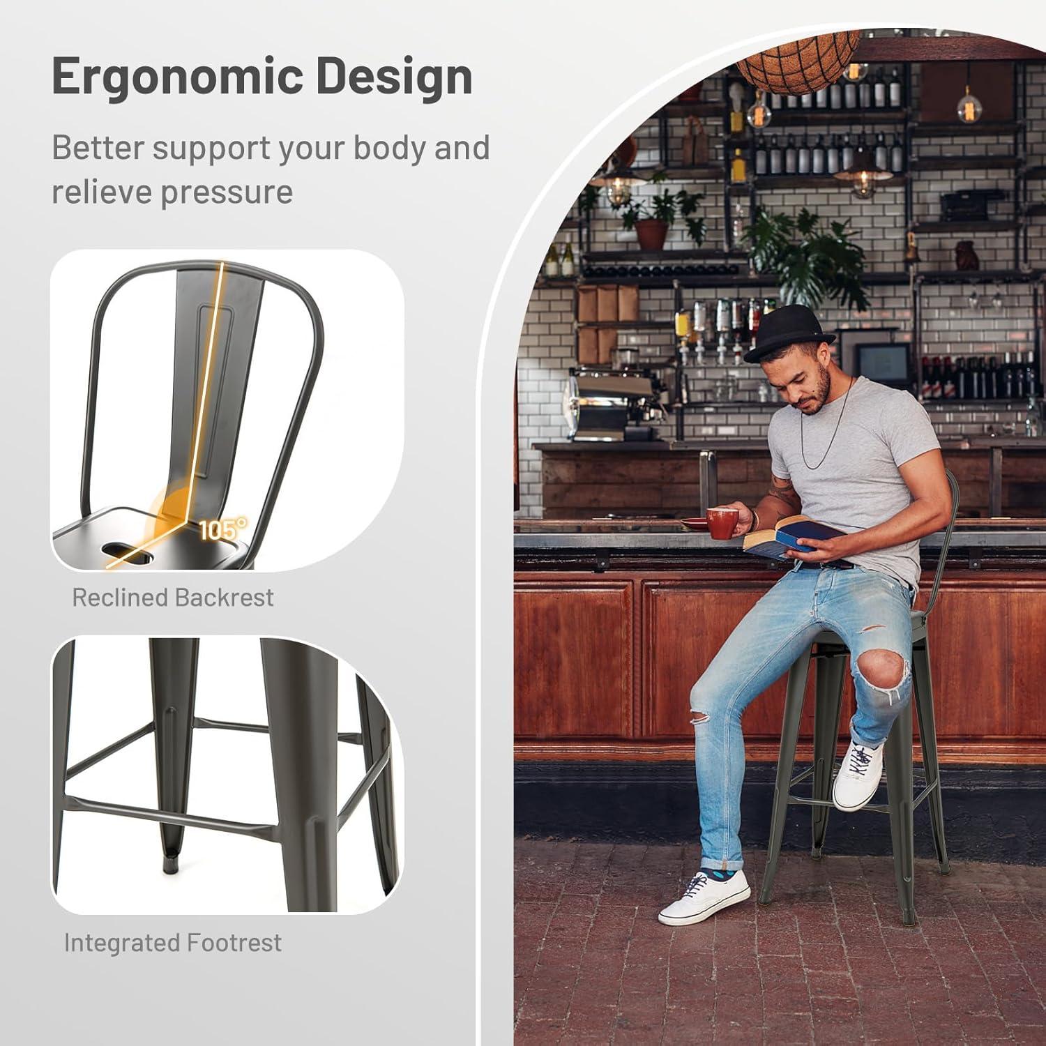 image:imageGiantex Metal Bar Stools Set of 4 30 Bar Height Modern Industrial Barstools wRemovable Bucket Back amp Footrest High Back Bar Dining Chairs with Rubber Foot Pads for Kitchen Home Bar BlackCharcoal Grey