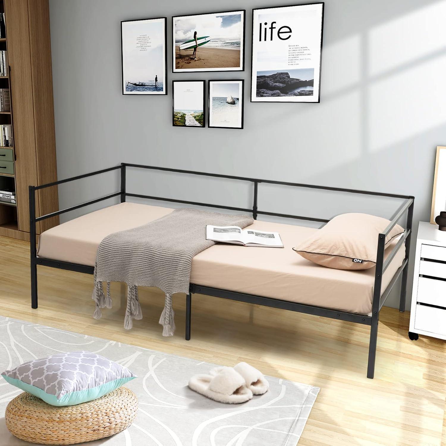 image:imageGiantex Metal Twin Daybed Frame Day Bed with Metal Slat Support amp 3Sided Guardrails 2in1 SpaceSaving Sofa Bed for Living Room Guest Room No Box Spring Needed BlackTwin