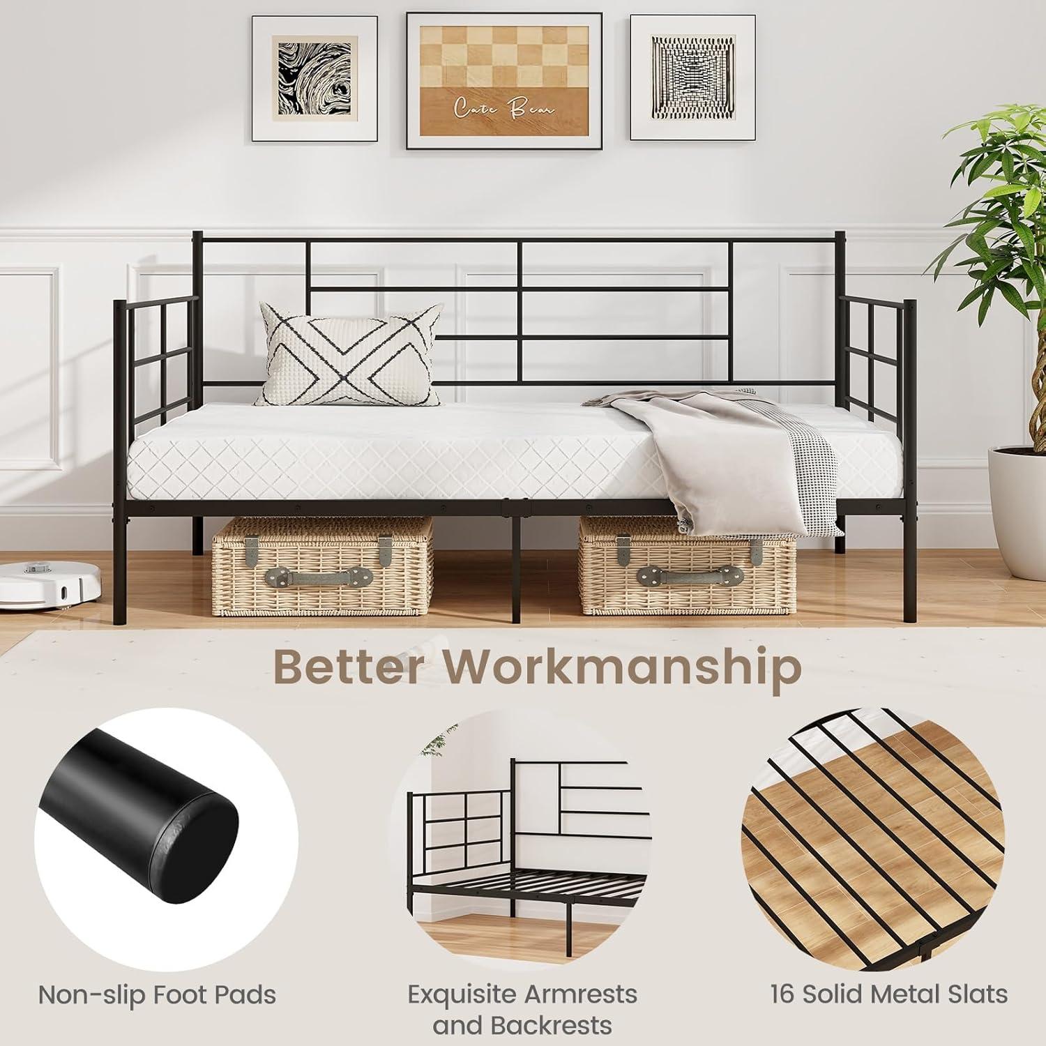 image:imageGiantex Metal Twin Daybed Frame Day Bed with Metal Slat Support amp 3Sided Guardrails 2in1 SpaceSaving Sofa Bed for Living Room Guest Room No Box Spring Needed BlackTwin
