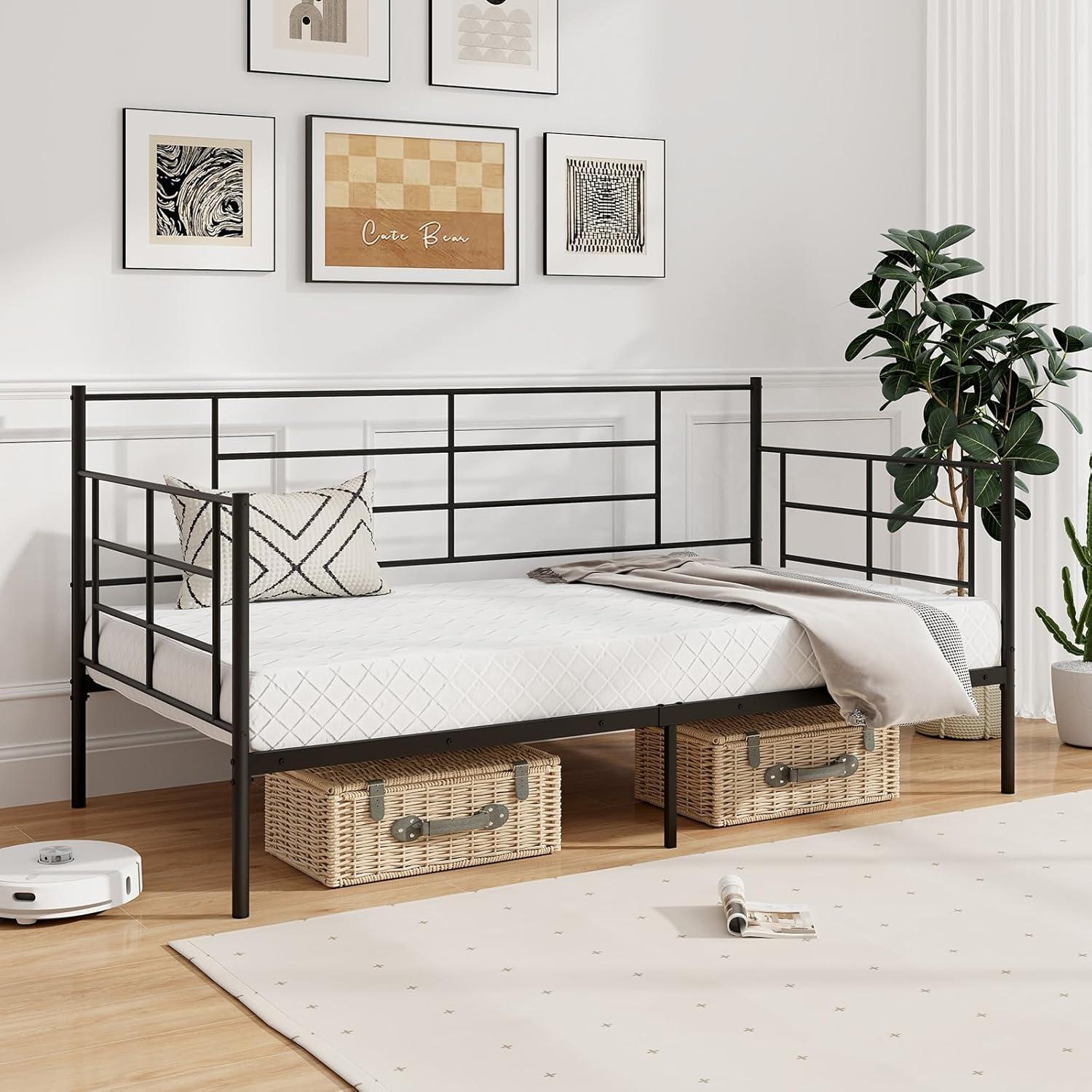 image:imageGiantex Metal Twin Daybed Frame Day Bed with Metal Slat Support amp 3Sided Guardrails 2in1 SpaceSaving Sofa Bed for Living Room Guest Room No Box Spring Needed BlackTwin