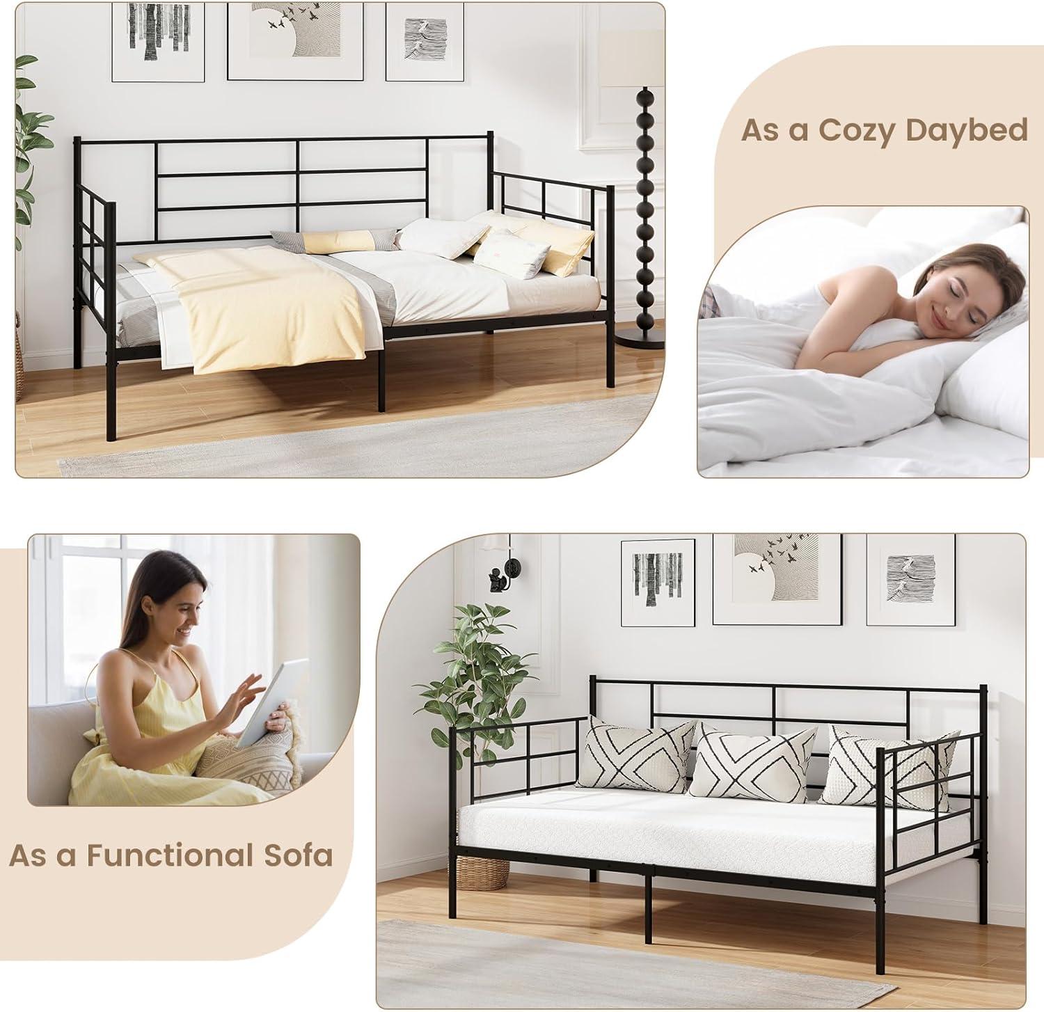 image:imageGiantex Metal Twin Daybed Frame Day Bed with Metal Slat Support amp 3Sided Guardrails 2in1 SpaceSaving Sofa Bed for Living Room Guest Room No Box Spring Needed BlackTwin