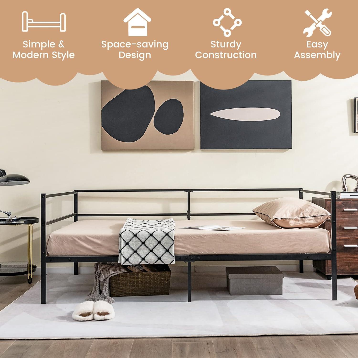 image:imageGiantex Metal Twin Daybed Frame Day Bed with Metal Slat Support amp 3Sided Guardrails 2in1 SpaceSaving Sofa Bed for Living Room Guest Room No Box Spring Needed BlackTwin