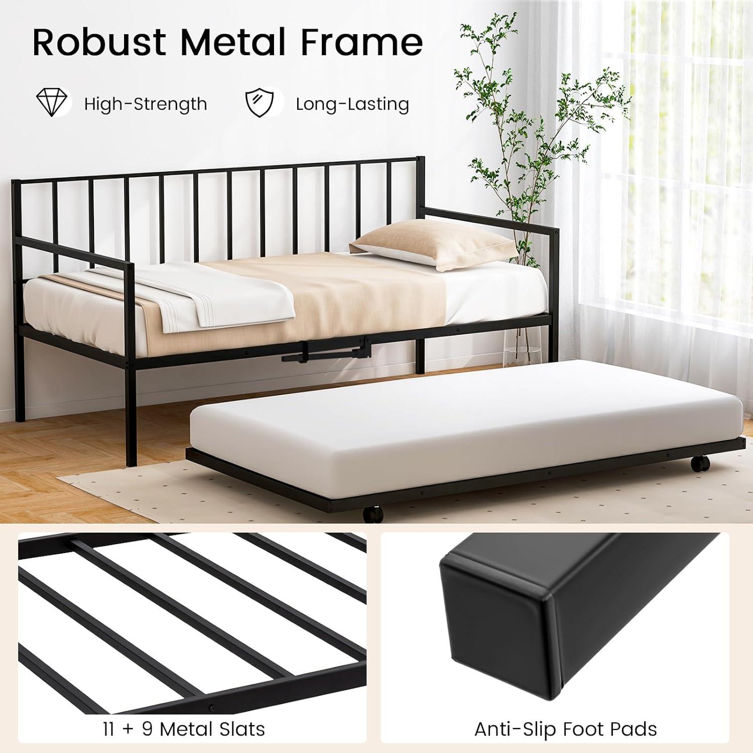 image:imageGiantex Metal Twin Daybed Frame Day Bed with Metal Slat Support amp 3Sided Guardrails 2in1 SpaceSaving Sofa Bed for Living Room Guest Room No Box Spring Needed BlackTwin